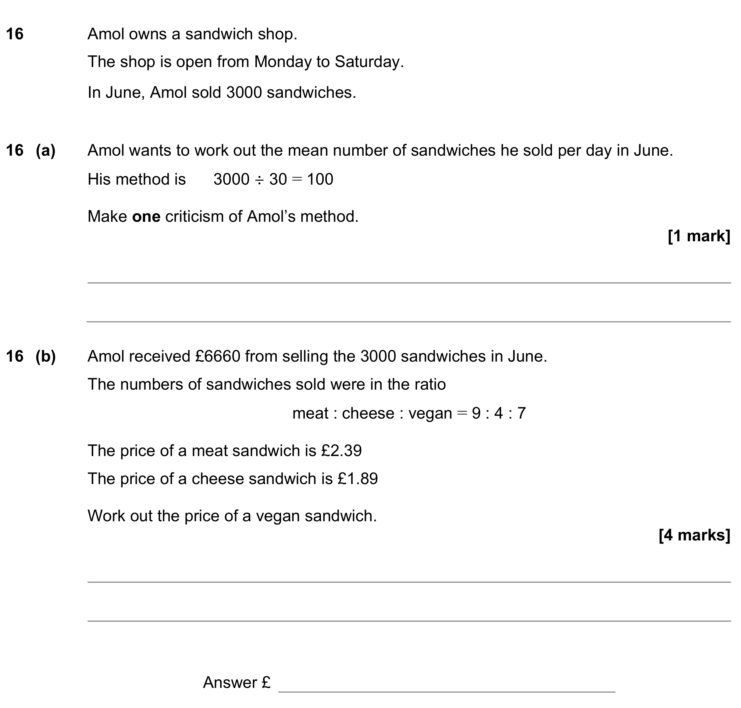 Question 16 — Mean/Median/Mode/Range, Ratios, Money Problems — AQA GCSE June 2022