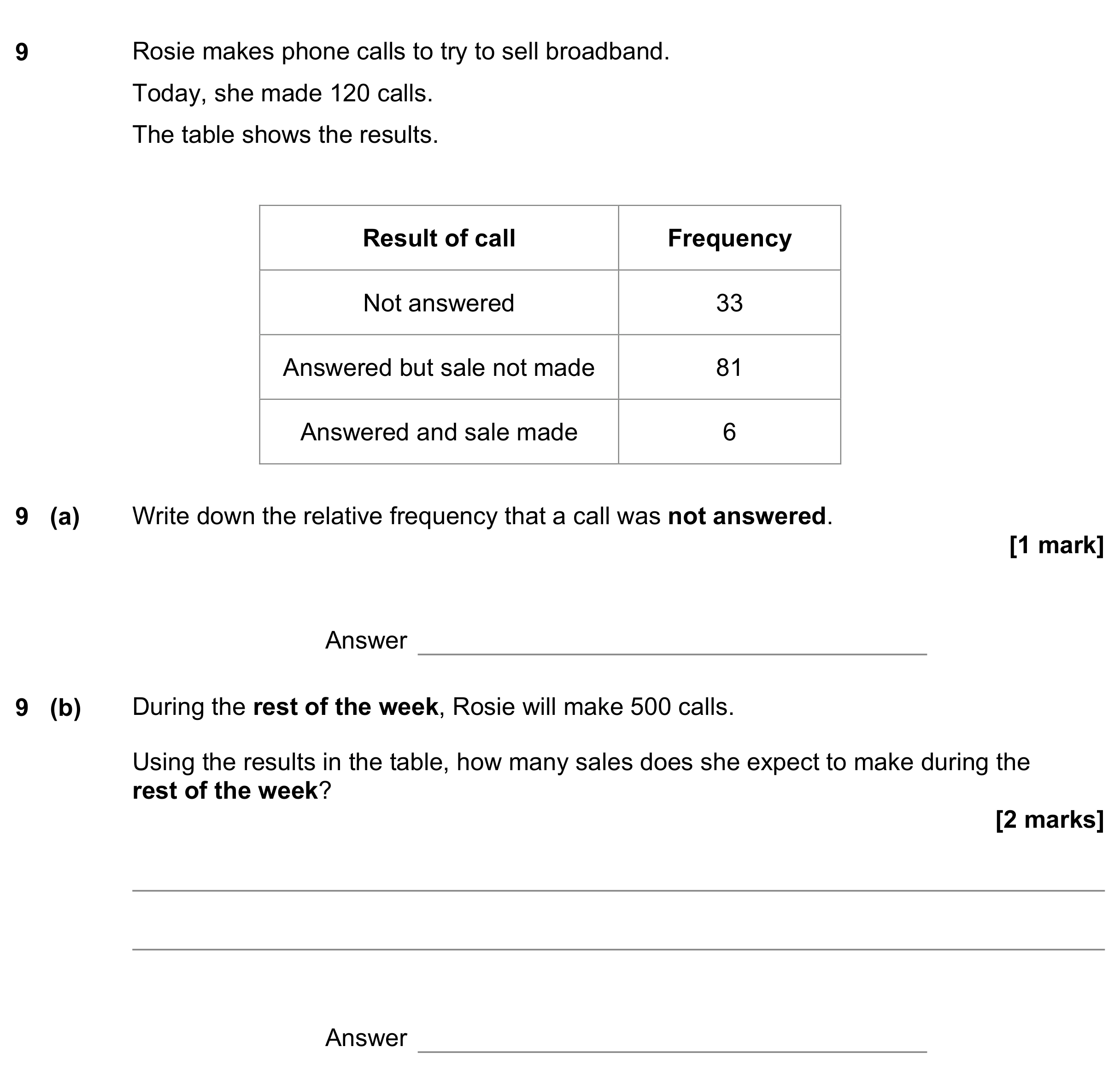 Question 9 — Frequency Tables, Probability, Relative Frequency — AQA GCSE June 2022