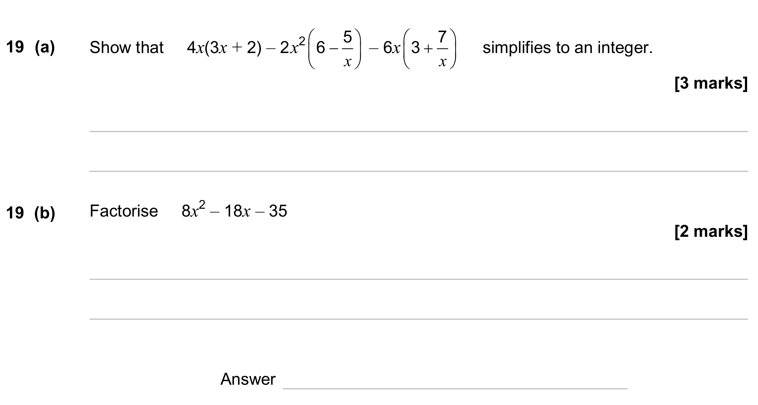 Question 19 — Algebra (Expand/Simplify/Factorise), Quadratic Equations — AQA GCSE June 2024