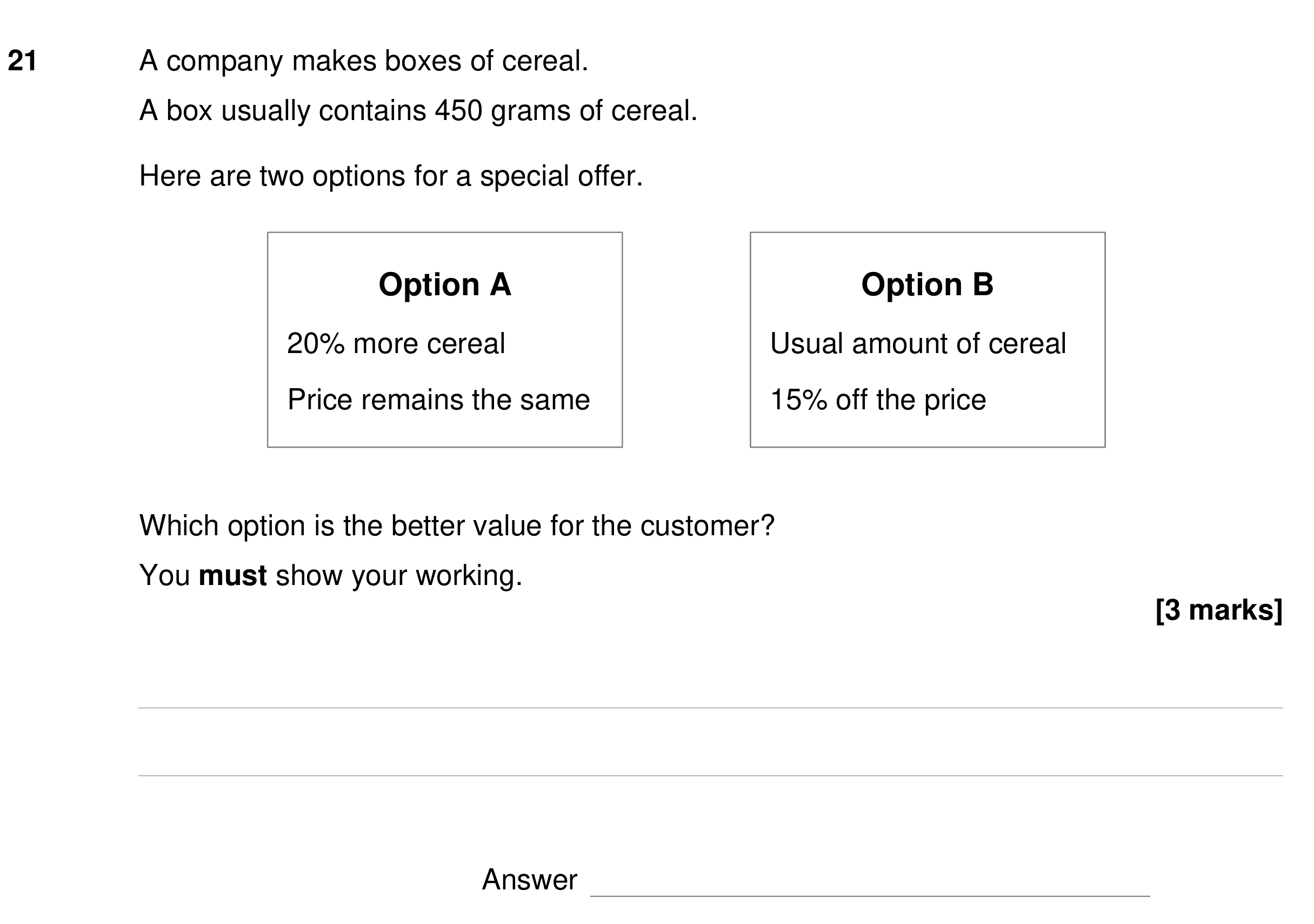 Question 21 — Percentages — AQA GCSE Specimen