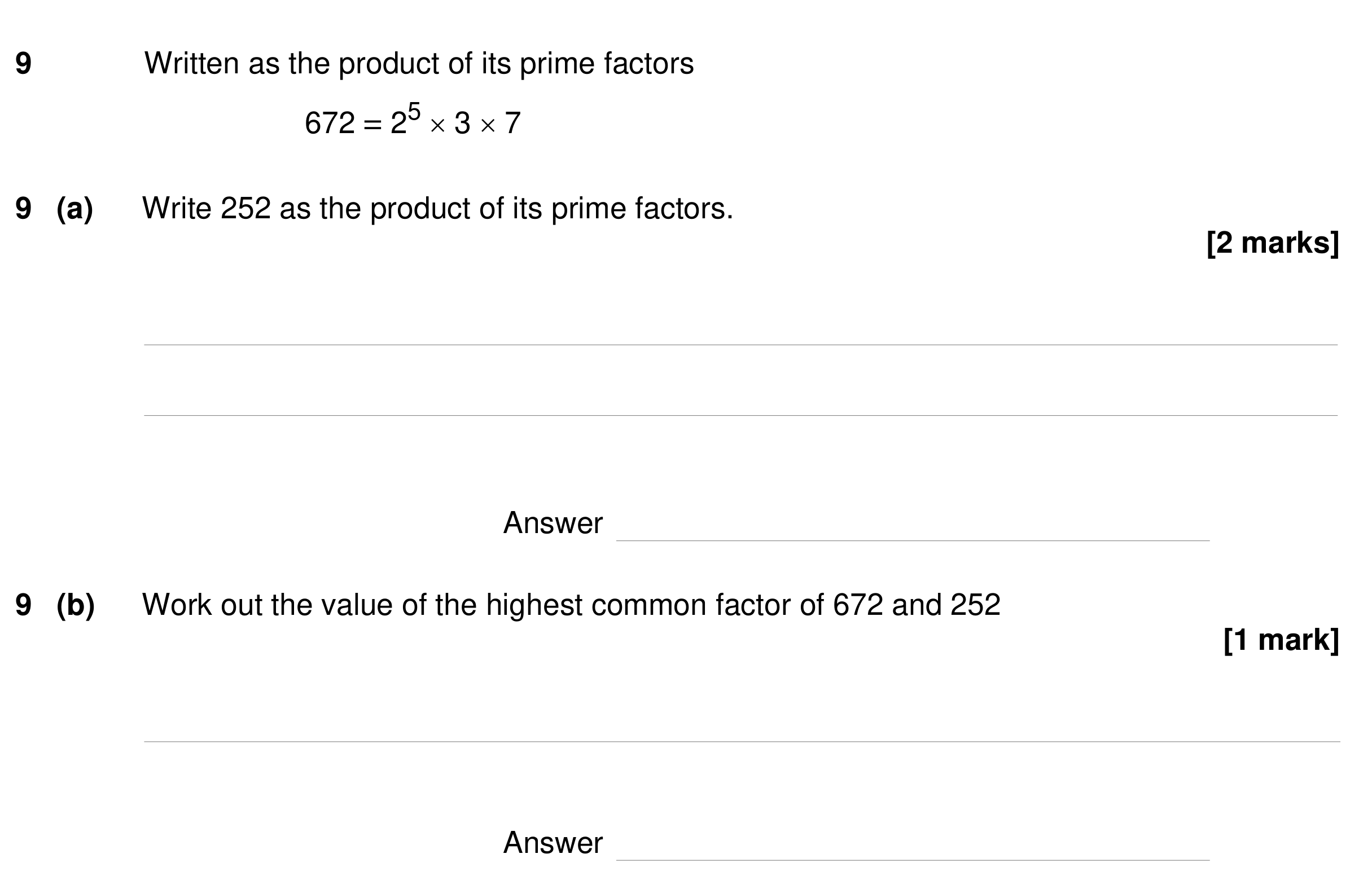 Question 9 — Prime Factors, HCF and LCM — AQA GCSE Specimen