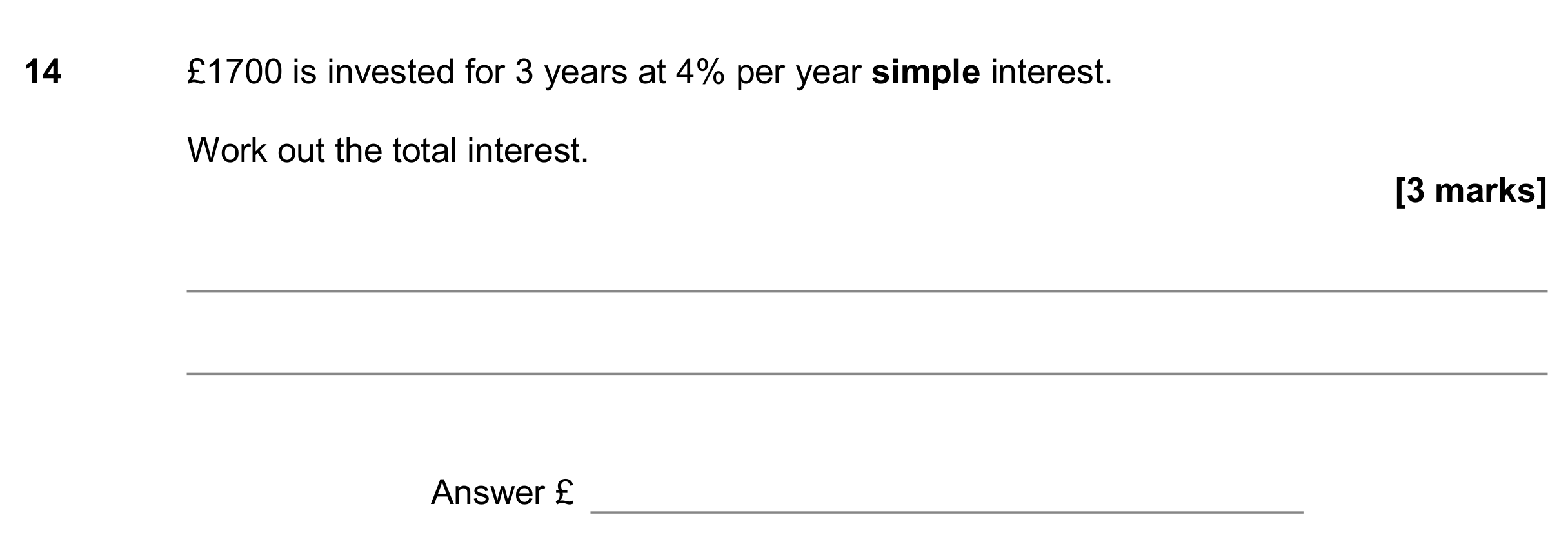 Question 14 — Simple Interest — AQA GCSE November 2017