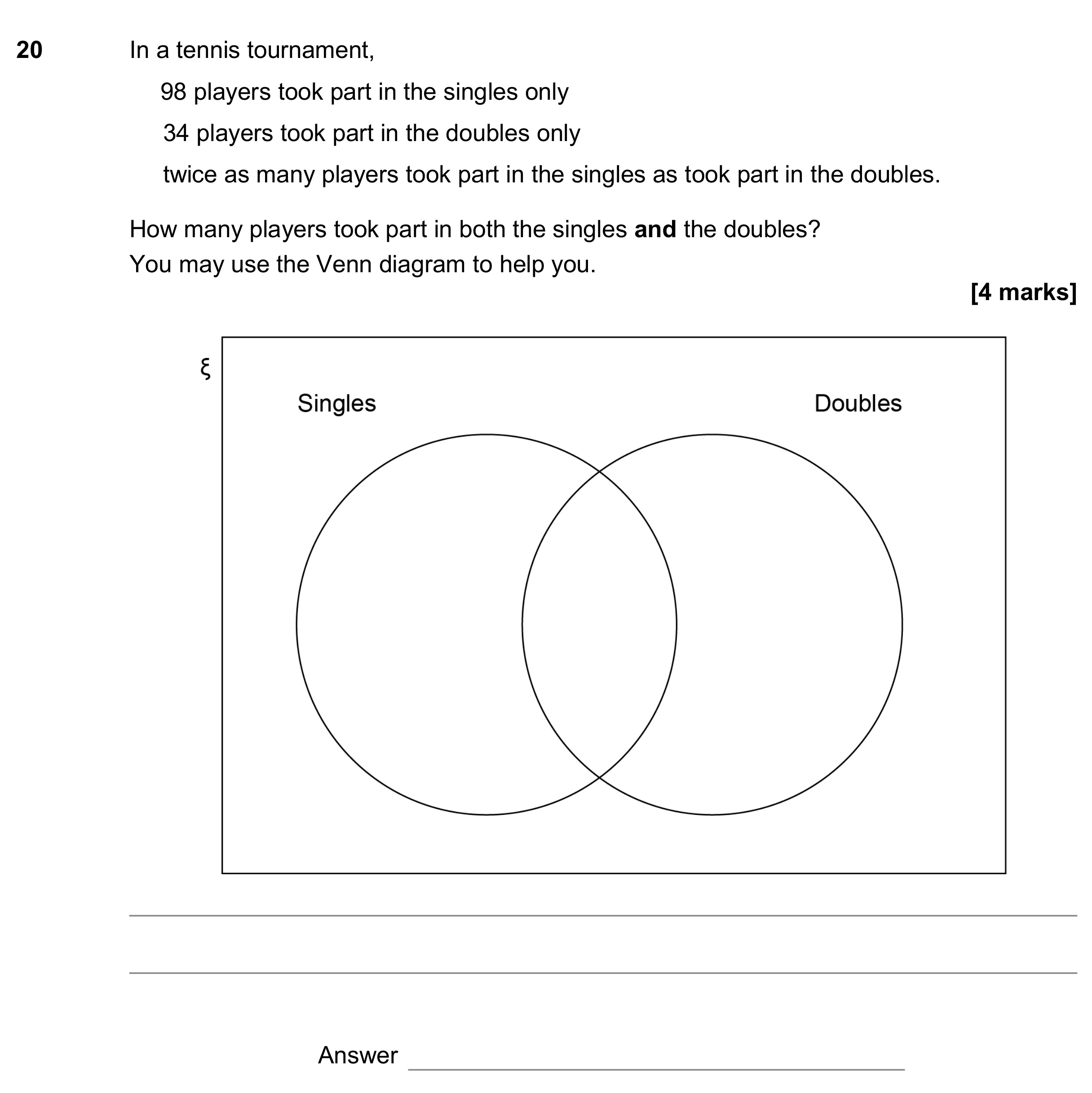 Question 20 — Venn Diagram — AQA GCSE November 2017