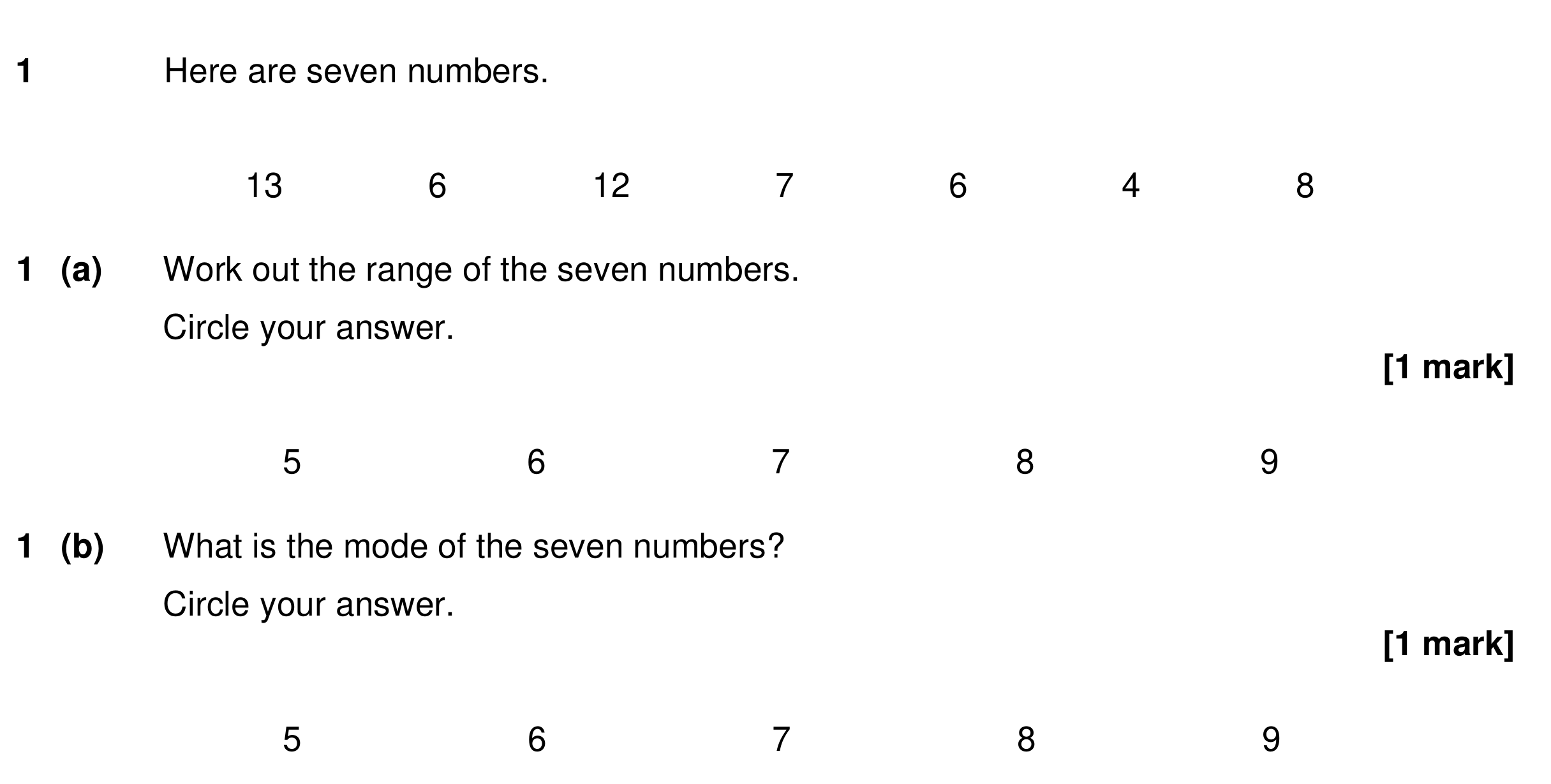 Question 1 — Mean/Median/Mode/Range — AQA GCSE Specimen