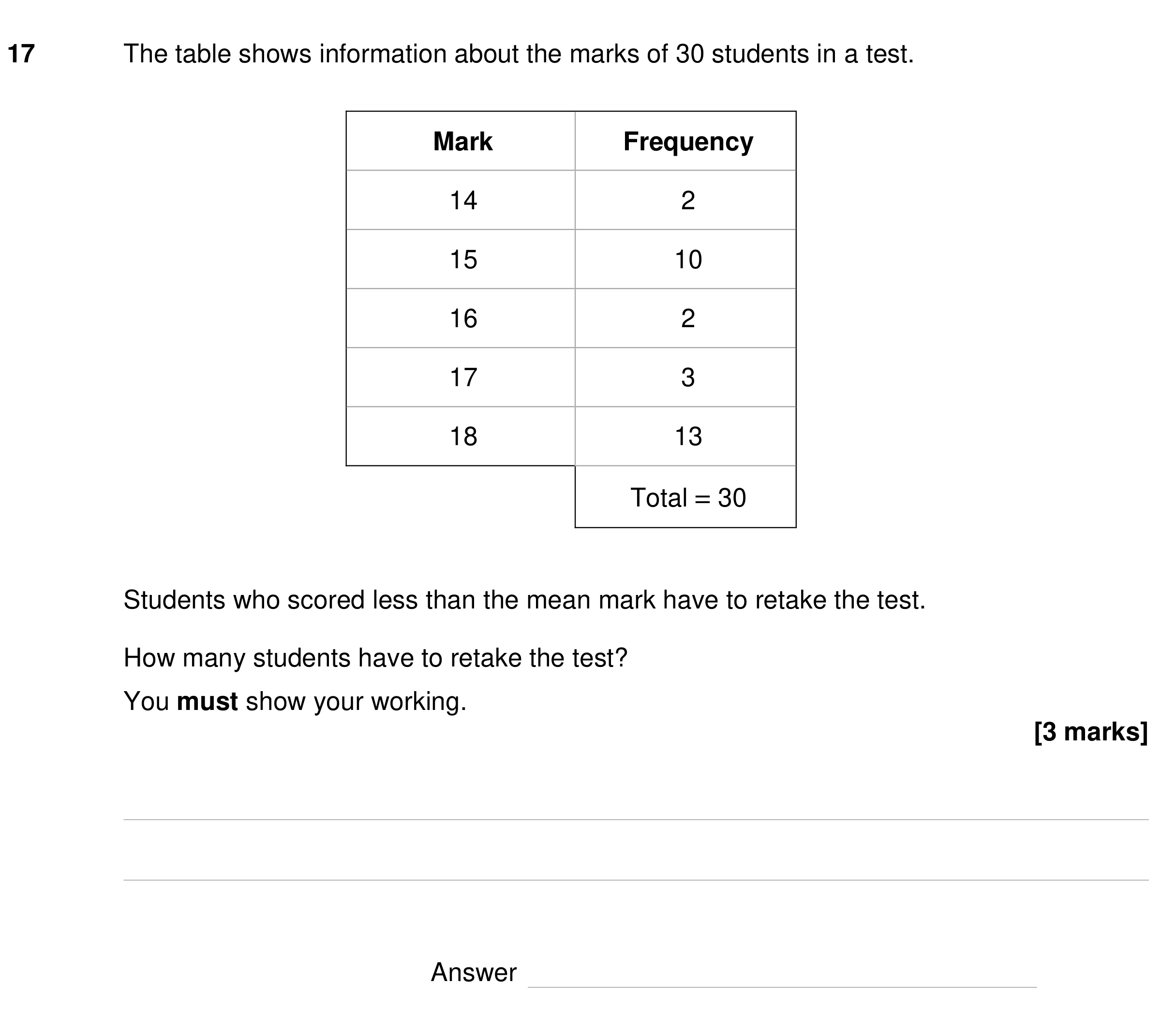 Question 17 — Frequency Tables — AQA GCSE Specimen