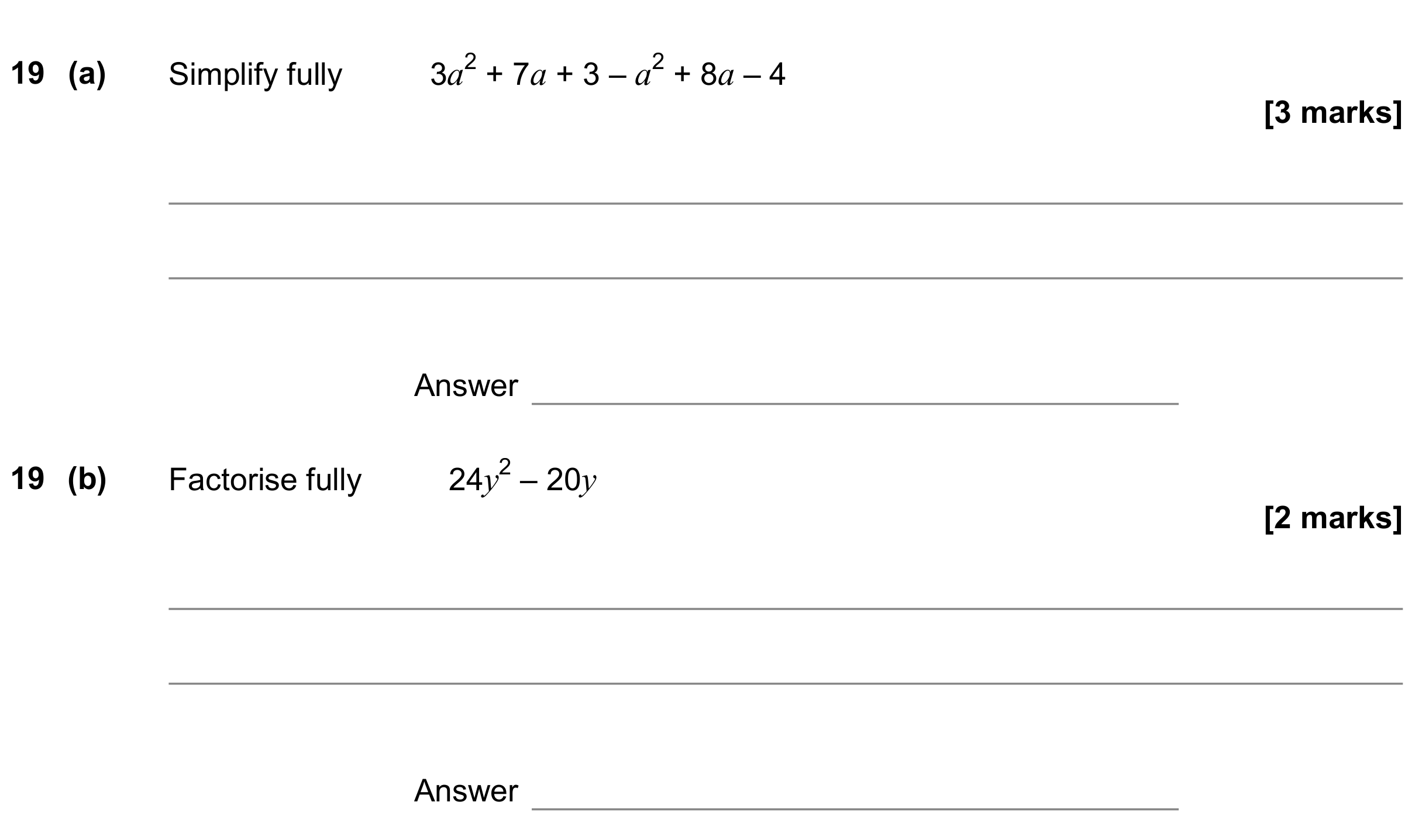Question 19 — Factorise/Expand/Simplify — AQA GCSE June 2019