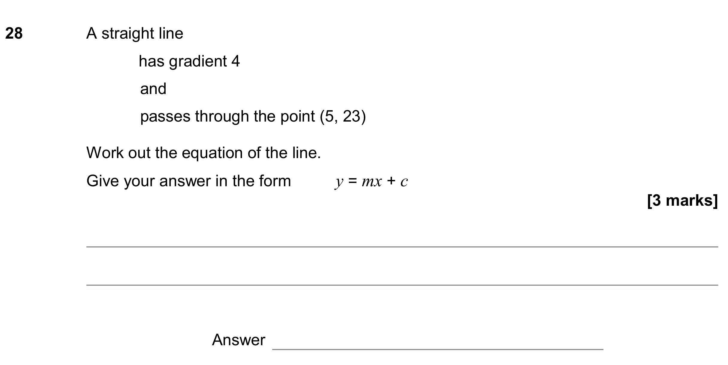 Question 28 — Straight Line Graphs — AQA GCSE June 2019