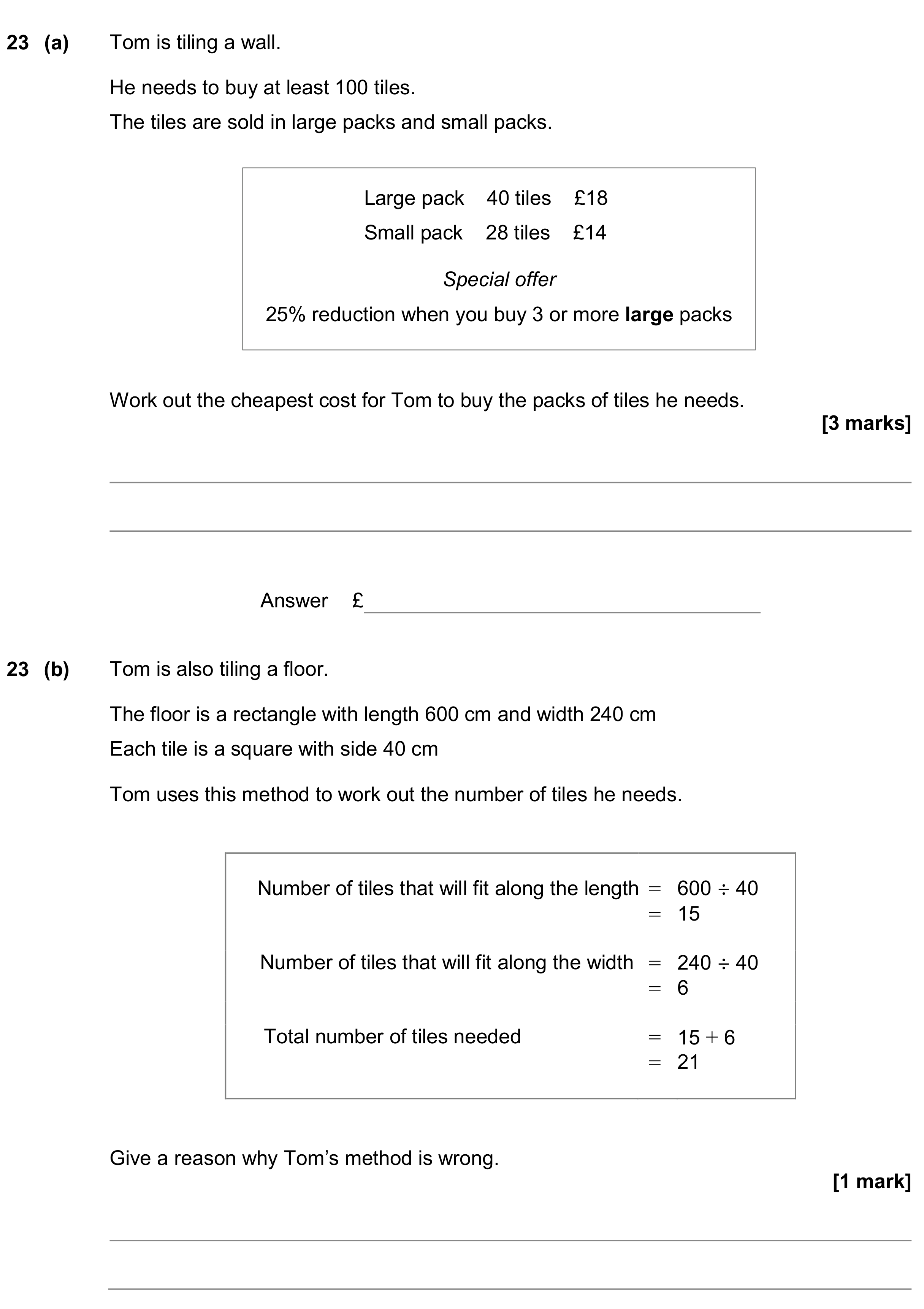 Question 23 — Money Problems, Perimeter and Area — AQA GCSE November 2019