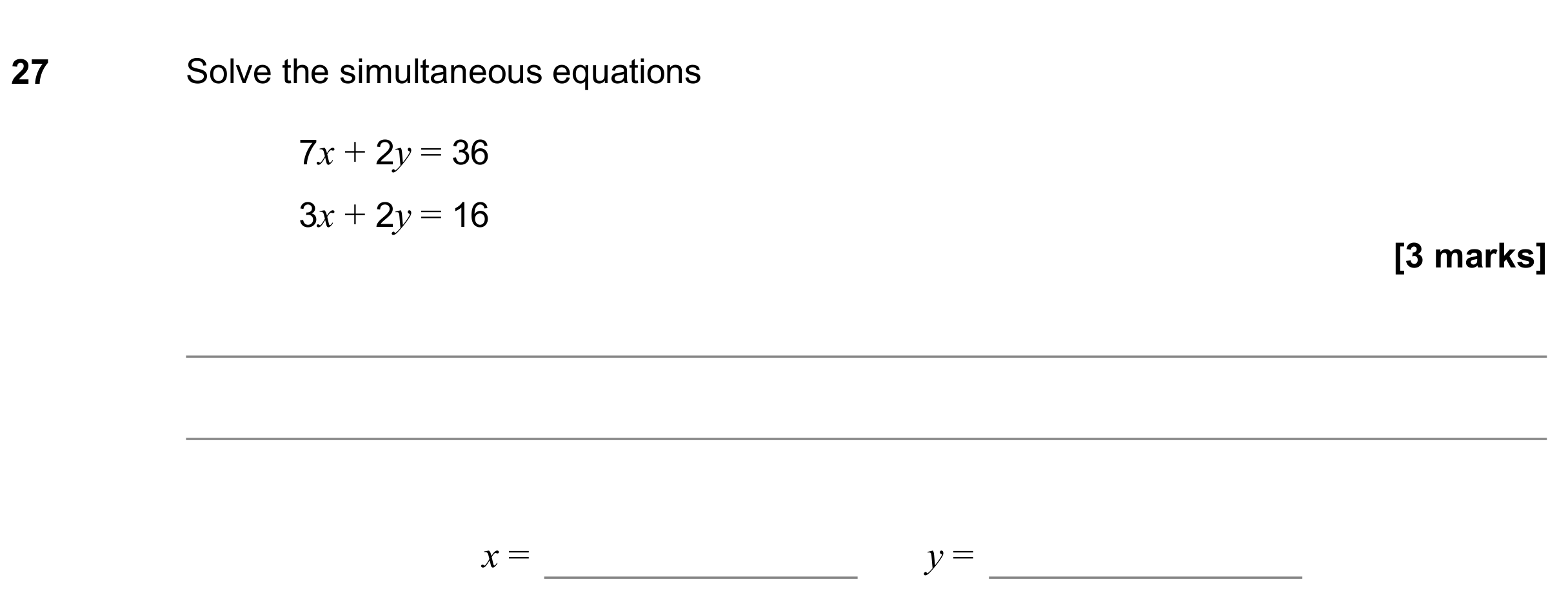 Question 27 — Simultaneous Equations — AQA GCSE November 2019