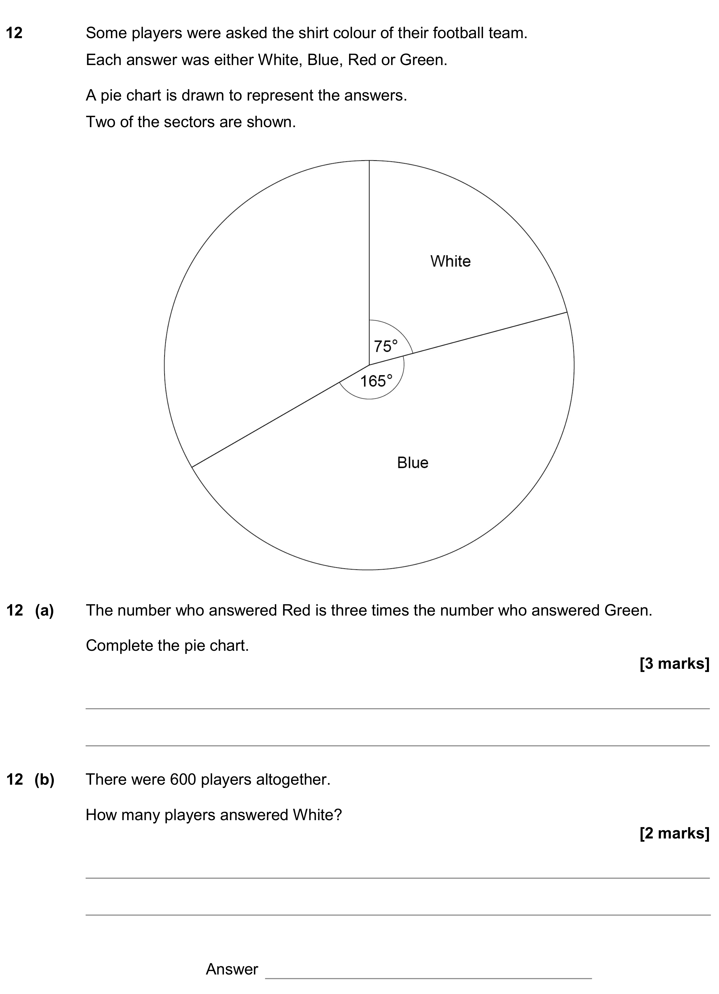 Question 12 — Pie Chart — AQA GCSE June 2020