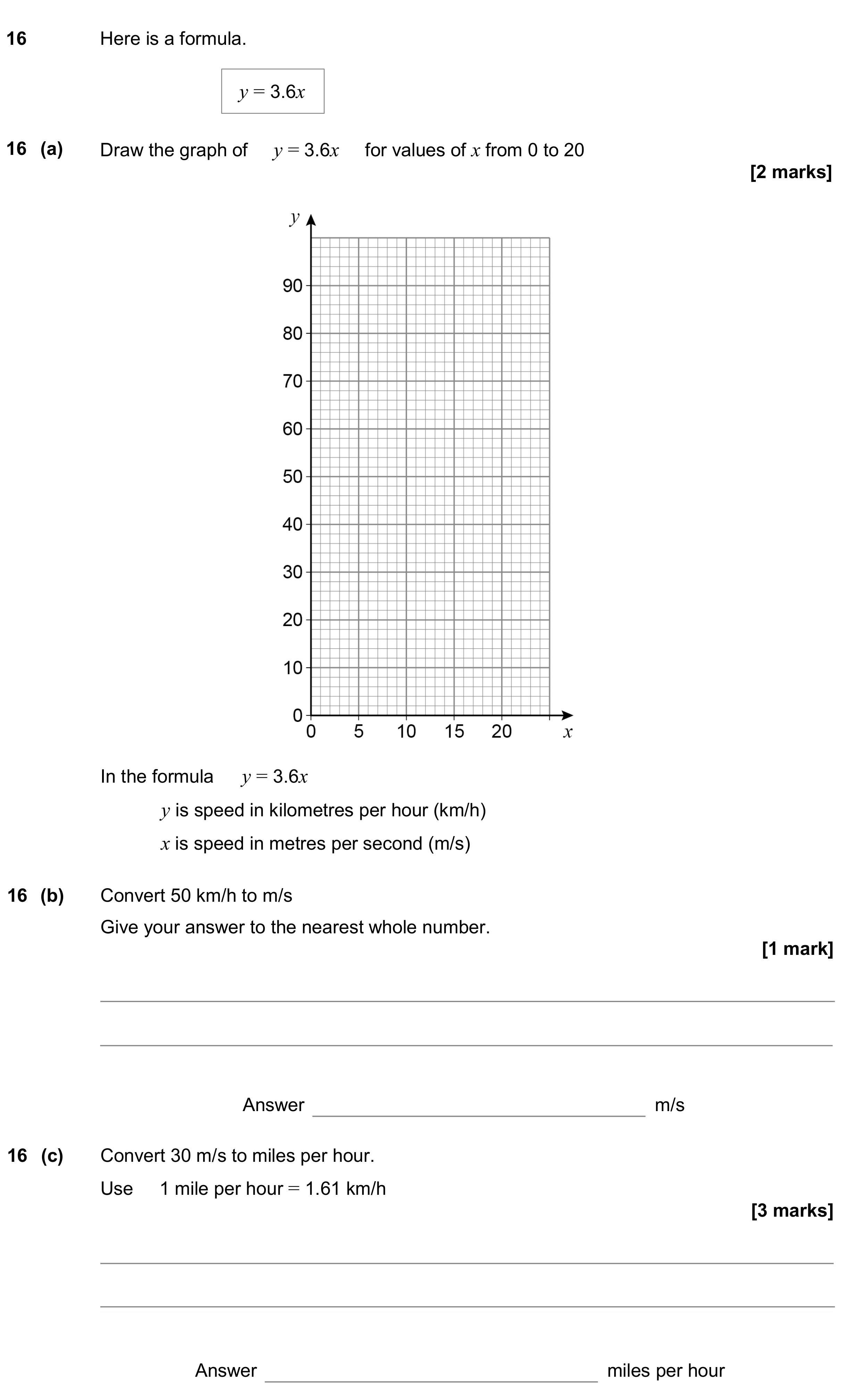 Question 16 — Straight Line Graphs, Unit Conversions — AQA GCSE June 2020