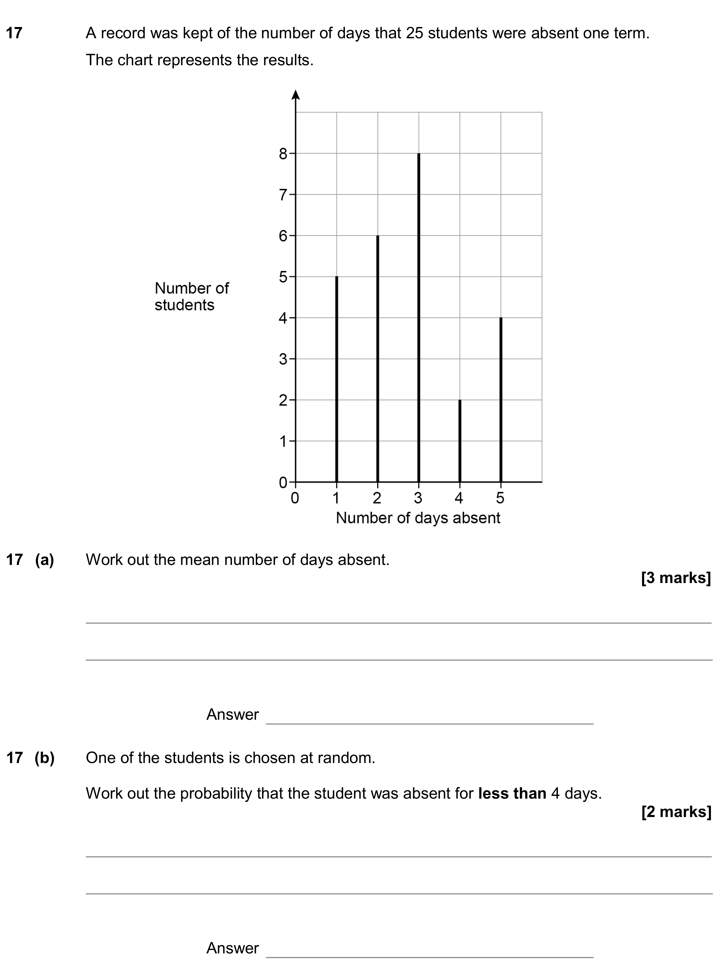 Question 17 — Interpret Statistical Diagrams, Mean/Median/Mode/Range, Probability — AQA GCSE June 2020