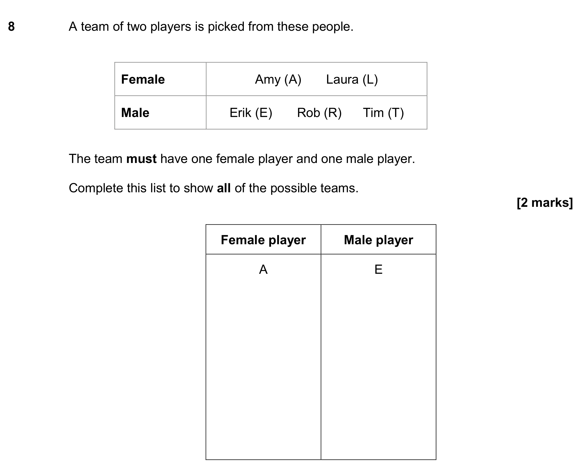 Question 8 — Combinations — AQA GCSE June 2020