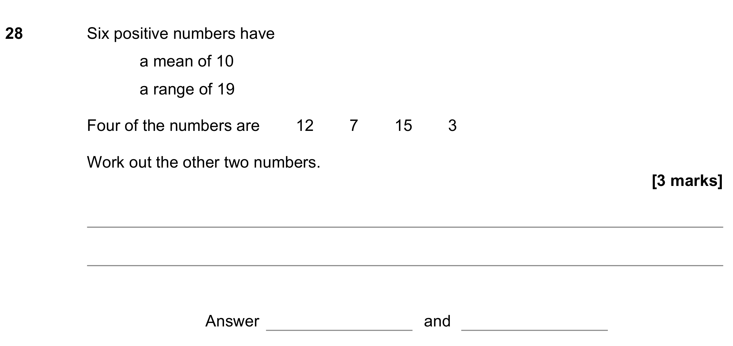 Question 28 — Mean/Median/Mode/Range — AQA GCSE June 2021