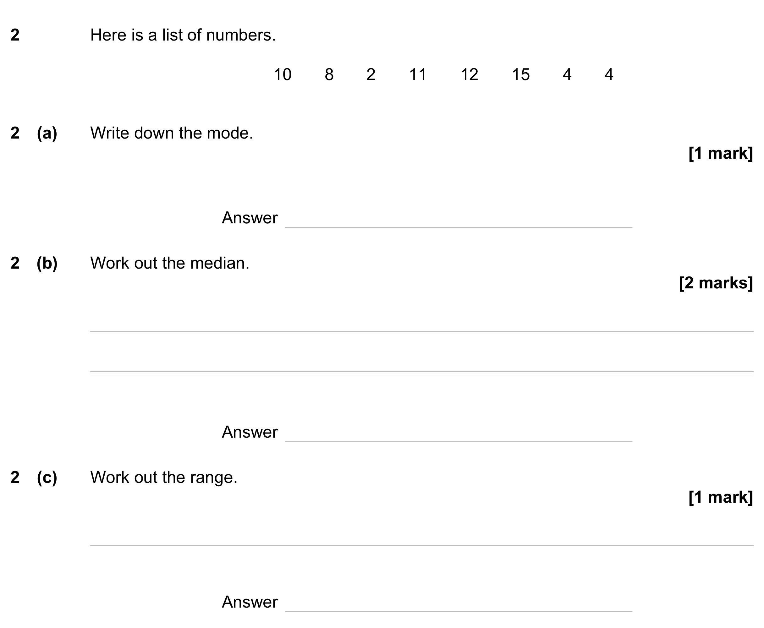 Question 2 — Mean/Median/Mode/Range — AQA GCSE June 2023