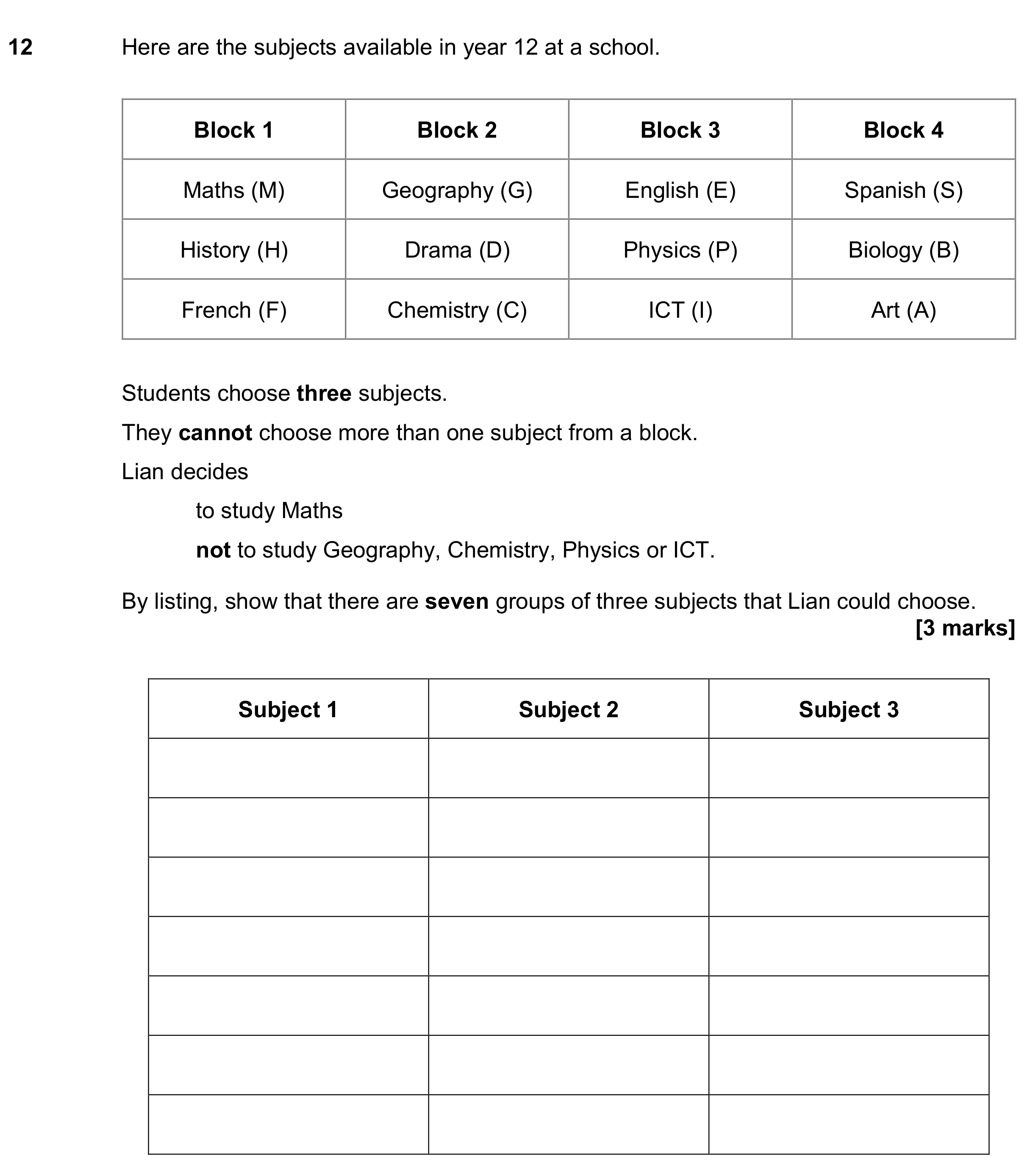 Question 12 — Combinations — AQA GCSE November 2023