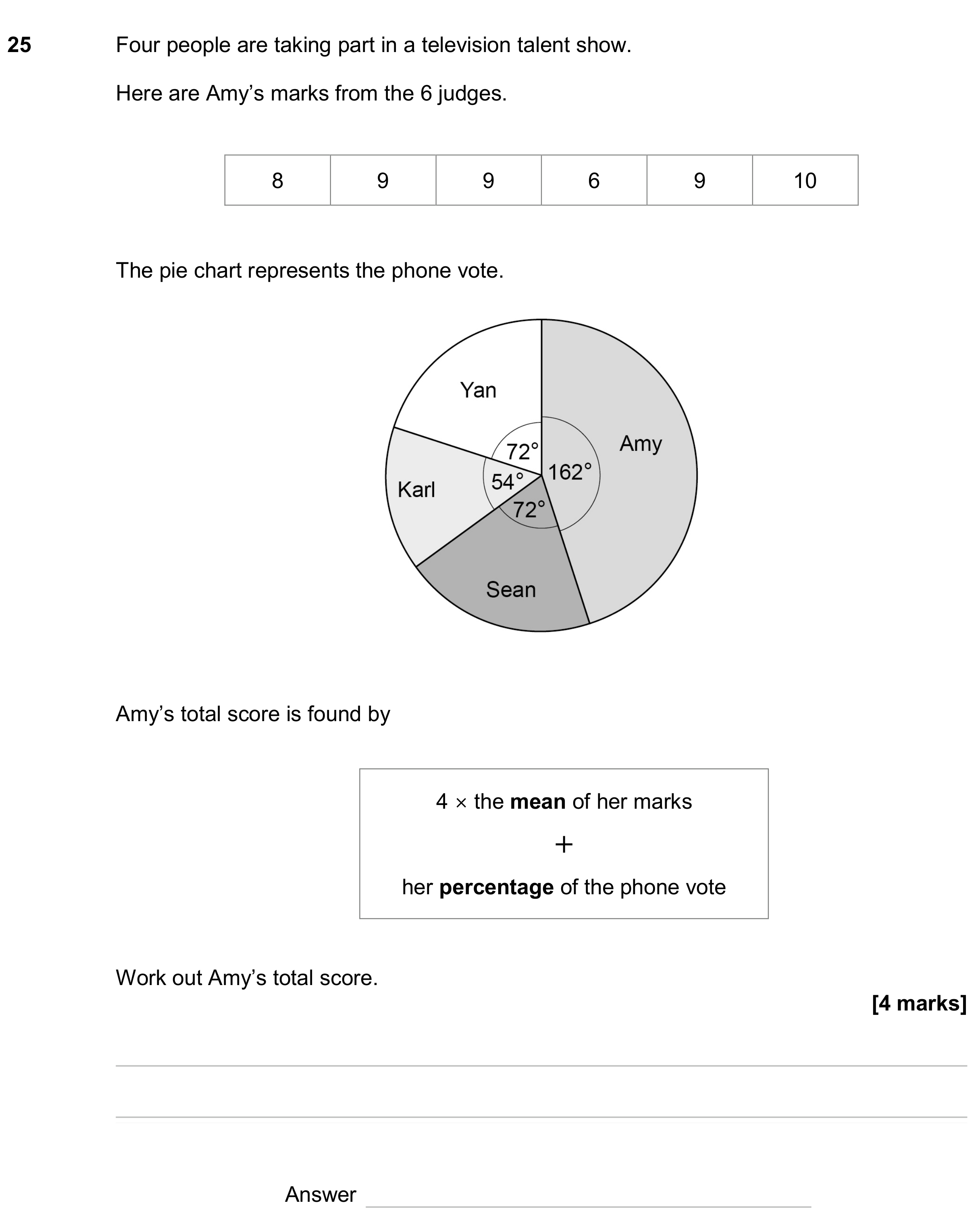 Question 25 — Mean/Median/Mode/Range, Pie Chart, Percentages — AQA GCSE June 2024