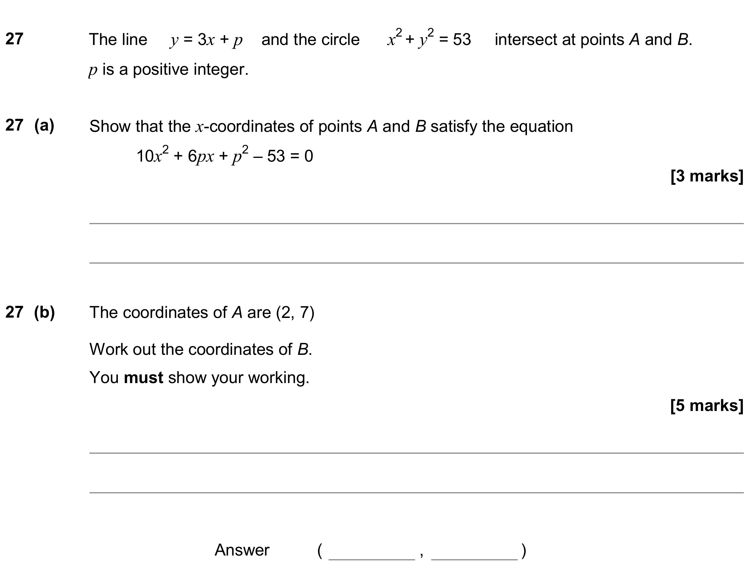 Question 27 — Circles, Straight Line Graphs, Quadratic Equations — AQA GCSE November 2018