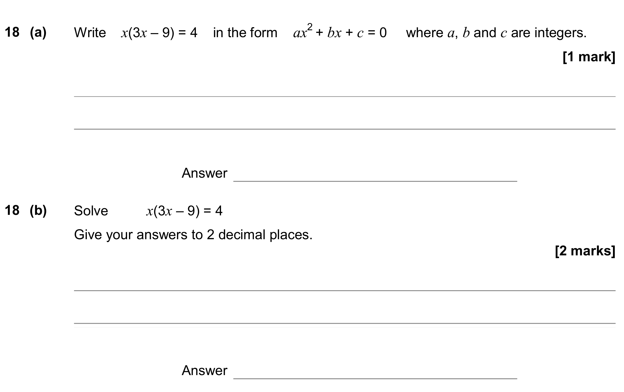Question 18 — Quadratic Equations — AQA GCSE June 2019