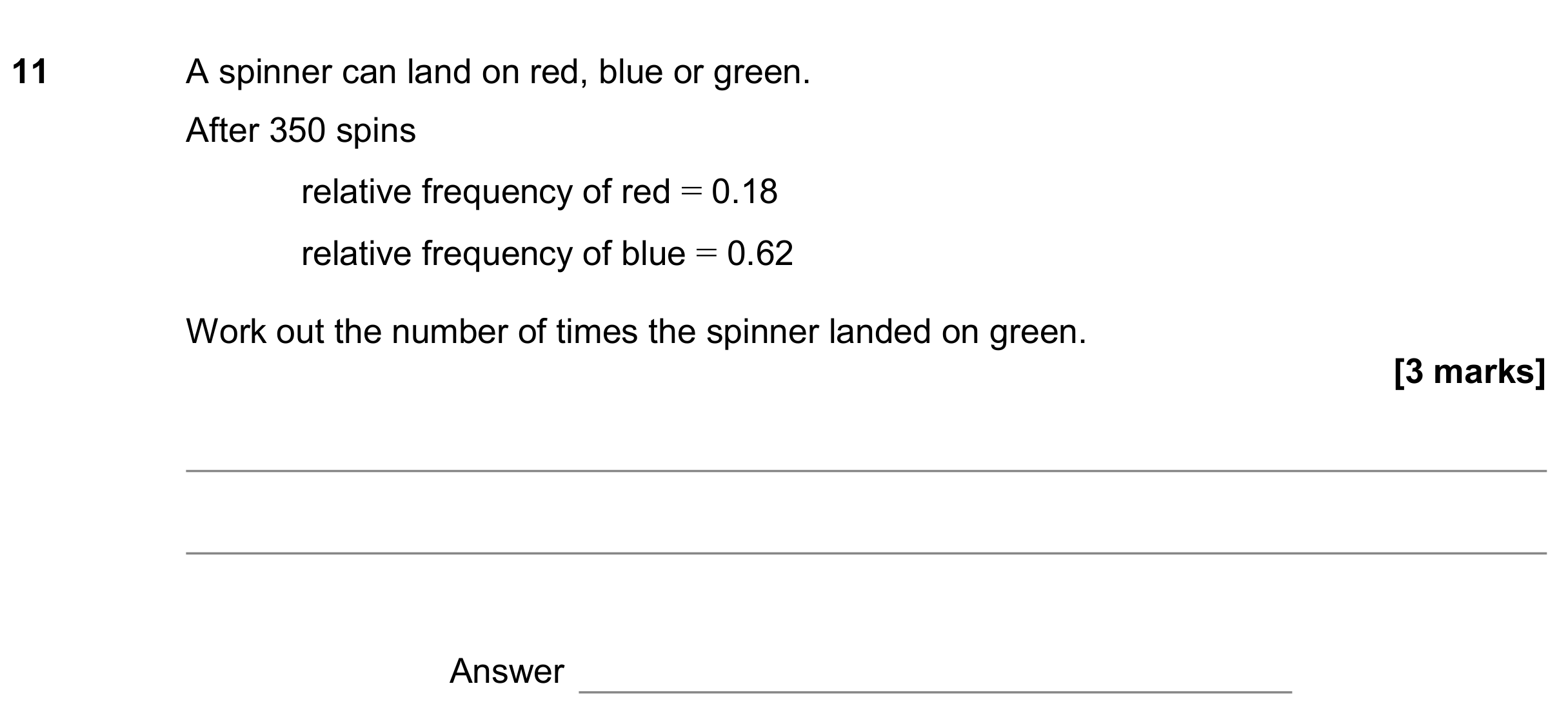 Question 11 — Probability, Relative Frequency — AQA GCSE June 2020