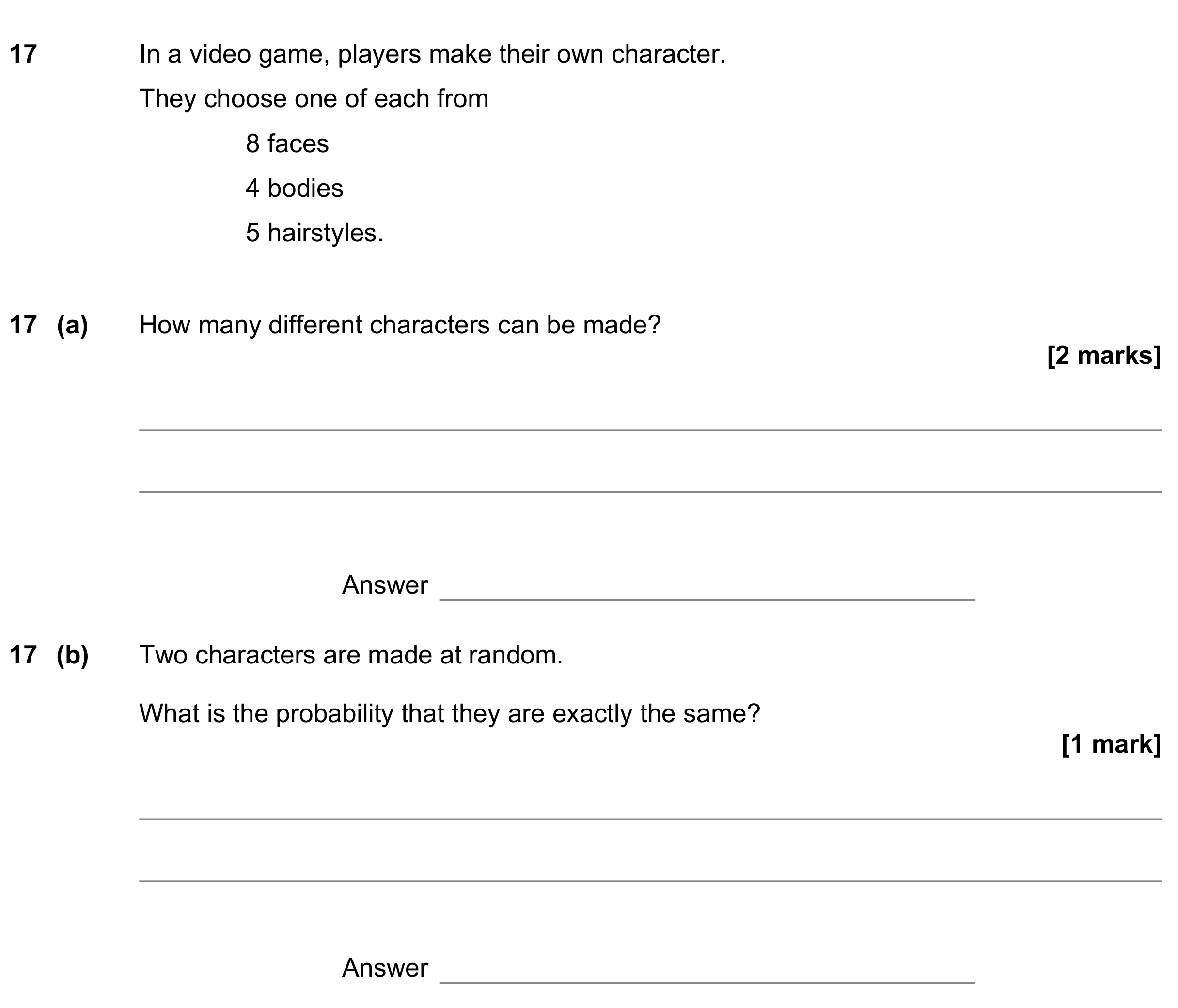 Question 17 — Combinations, Probability — AQA GCSE June 2022