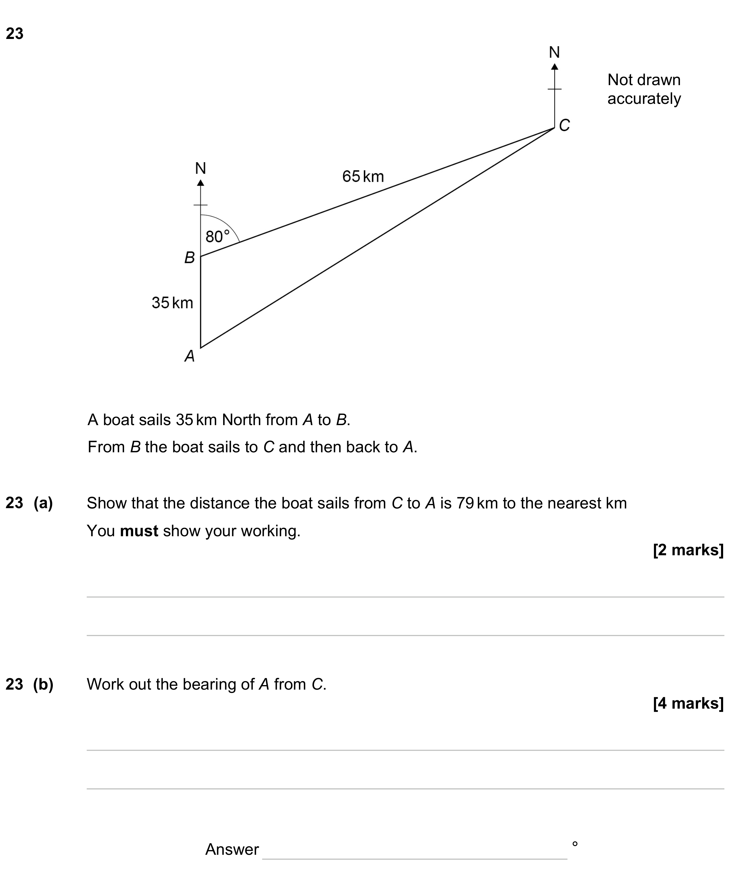 Question 23 — Bearings, Sine/Cosine Rule — AQA GCSE June 2023