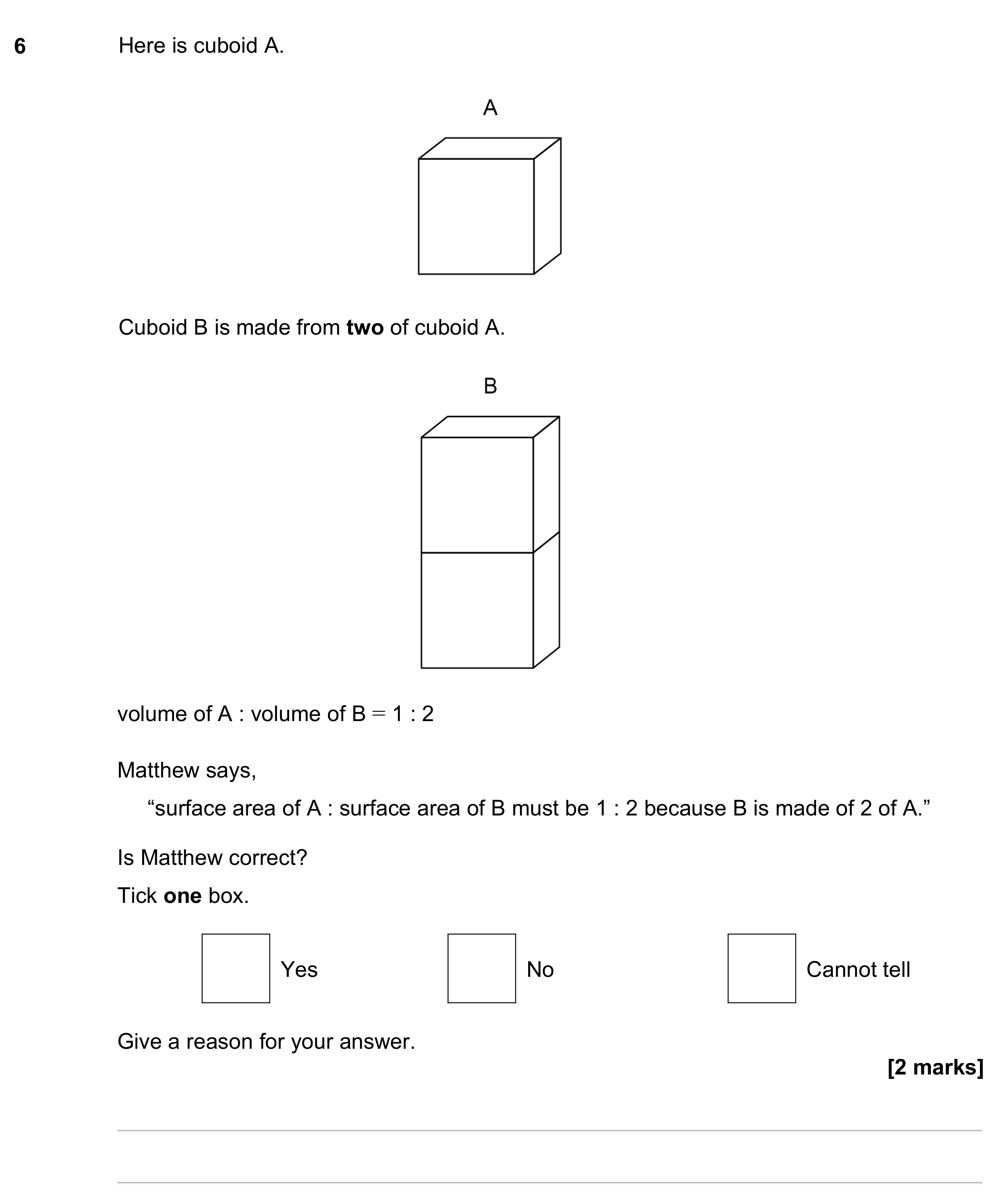 Question 6 — Surface Area and Volume, Ratios — AQA GCSE June 2023