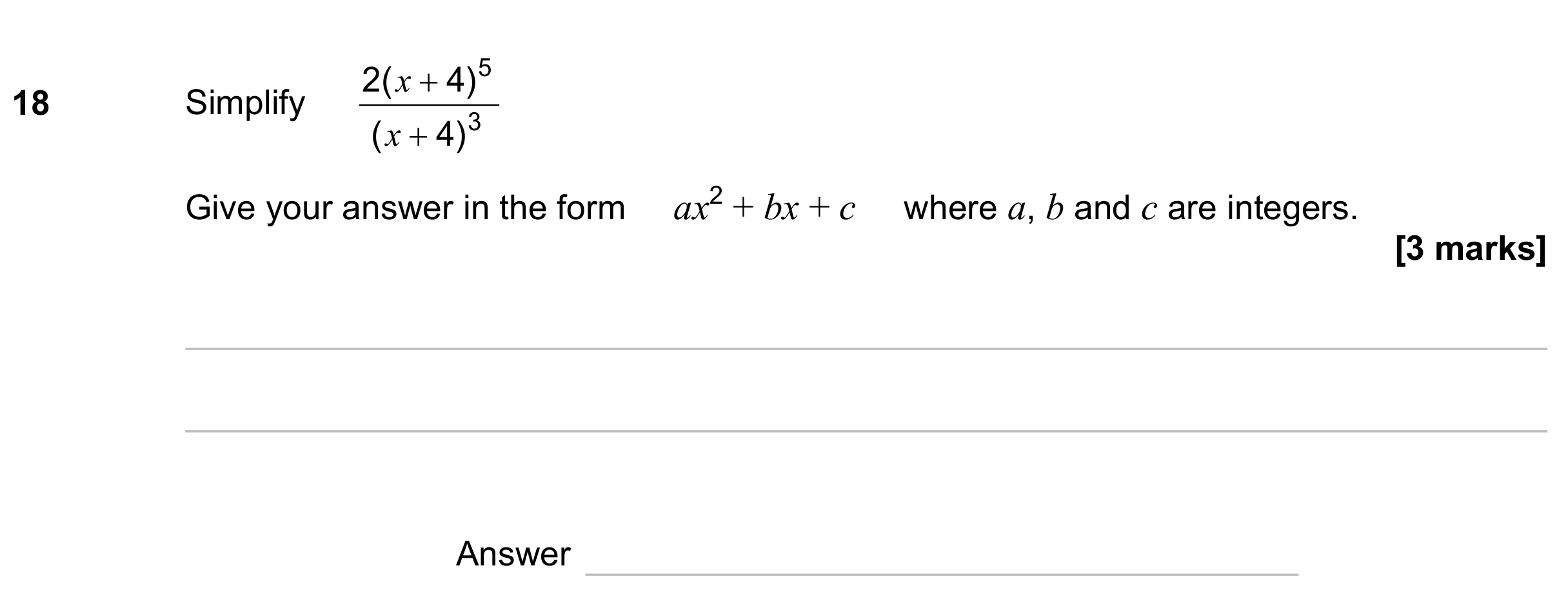 Question 18 — Algebra Fractions, Algebra (Expand/Simplify/Factorise) — AQA GCSE November 2023