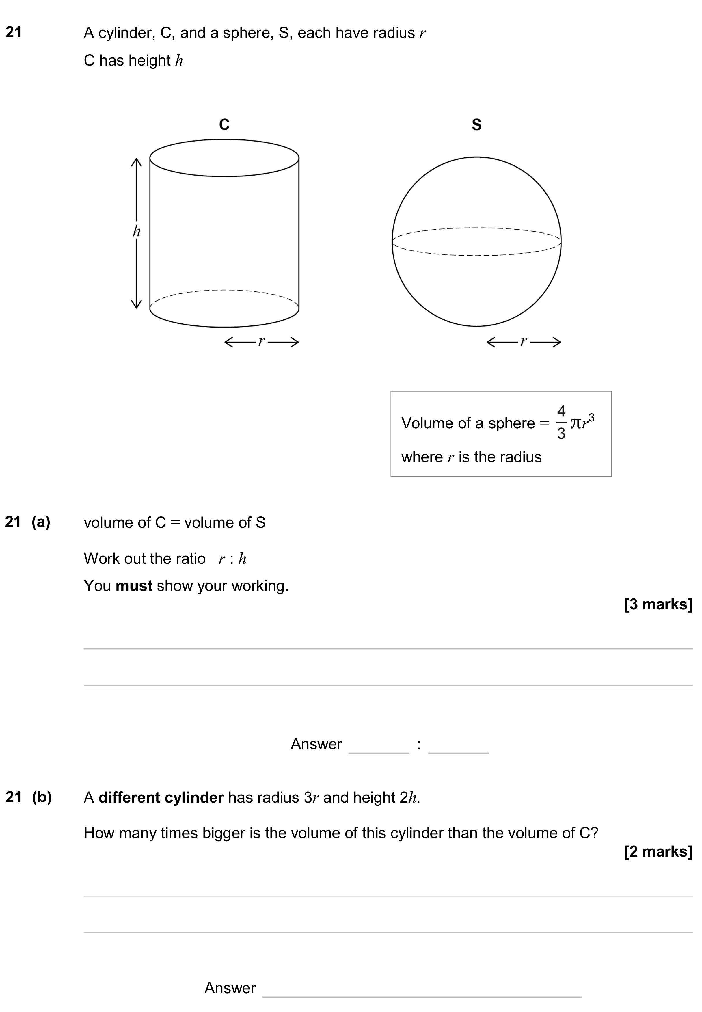 Question 21 — Surface Area and Volume, Ratios — AQA GCSE June 2024