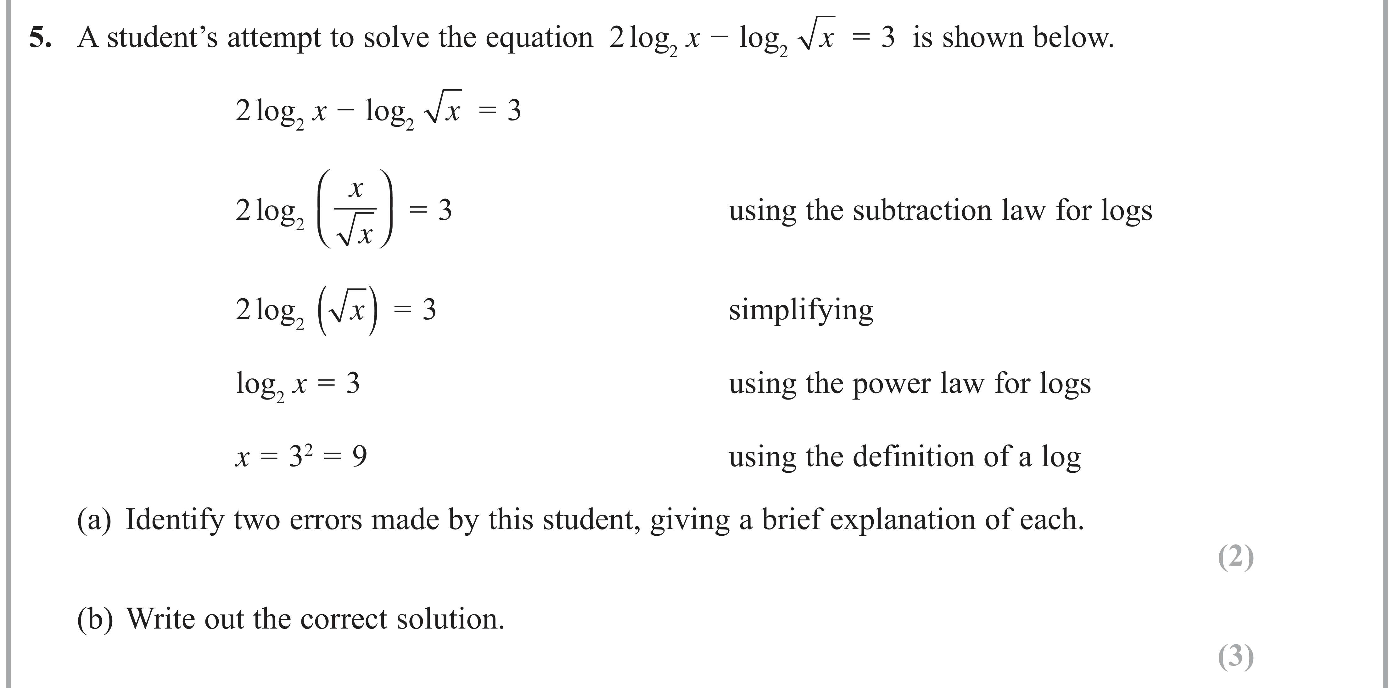 Question 5 — Logarithms — Edexcel AS Maths June 2018