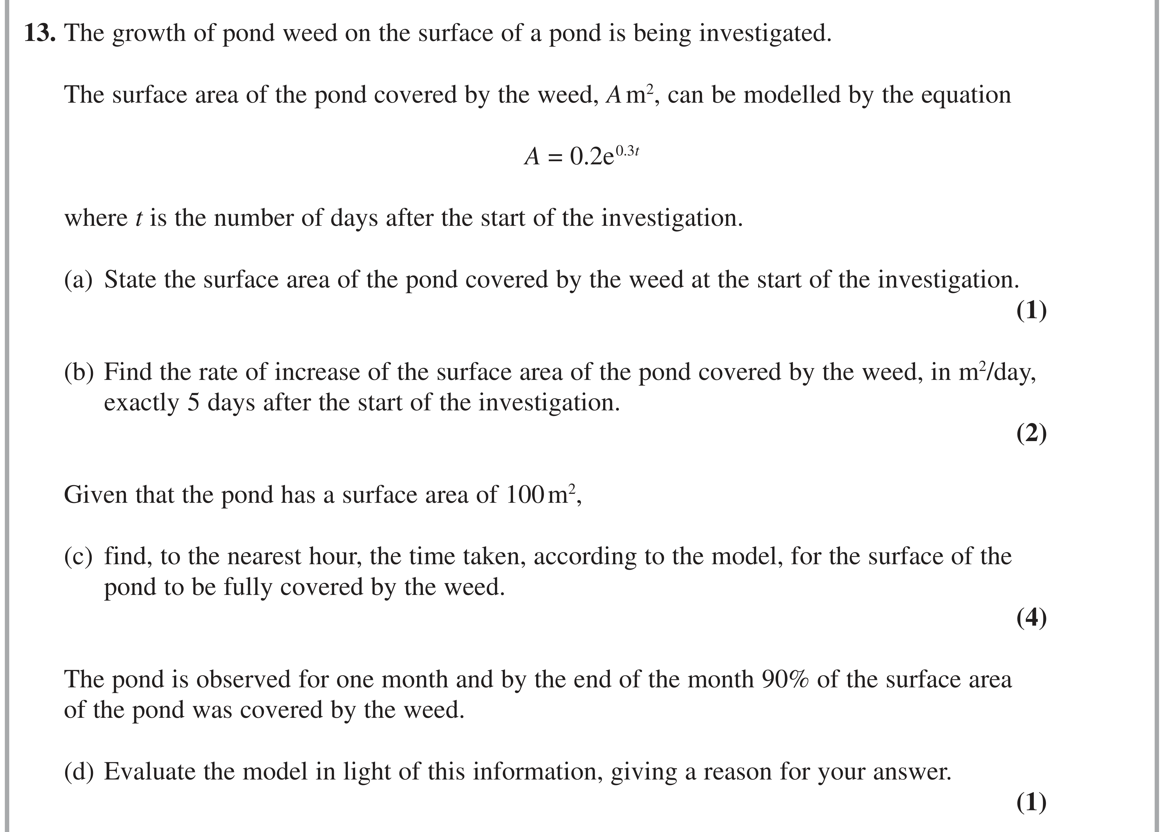 Question 13 — Exponentials, Logarithms, Differentiation — Edexcel AS Maths Specimen 2018