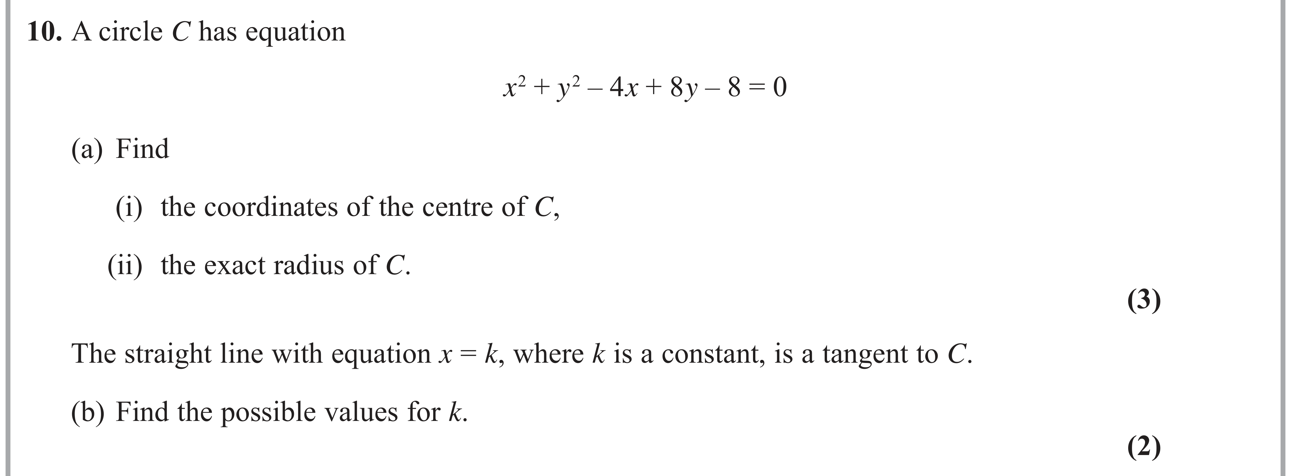 Question 10 — Circles — Edexcel AS Maths June 2019