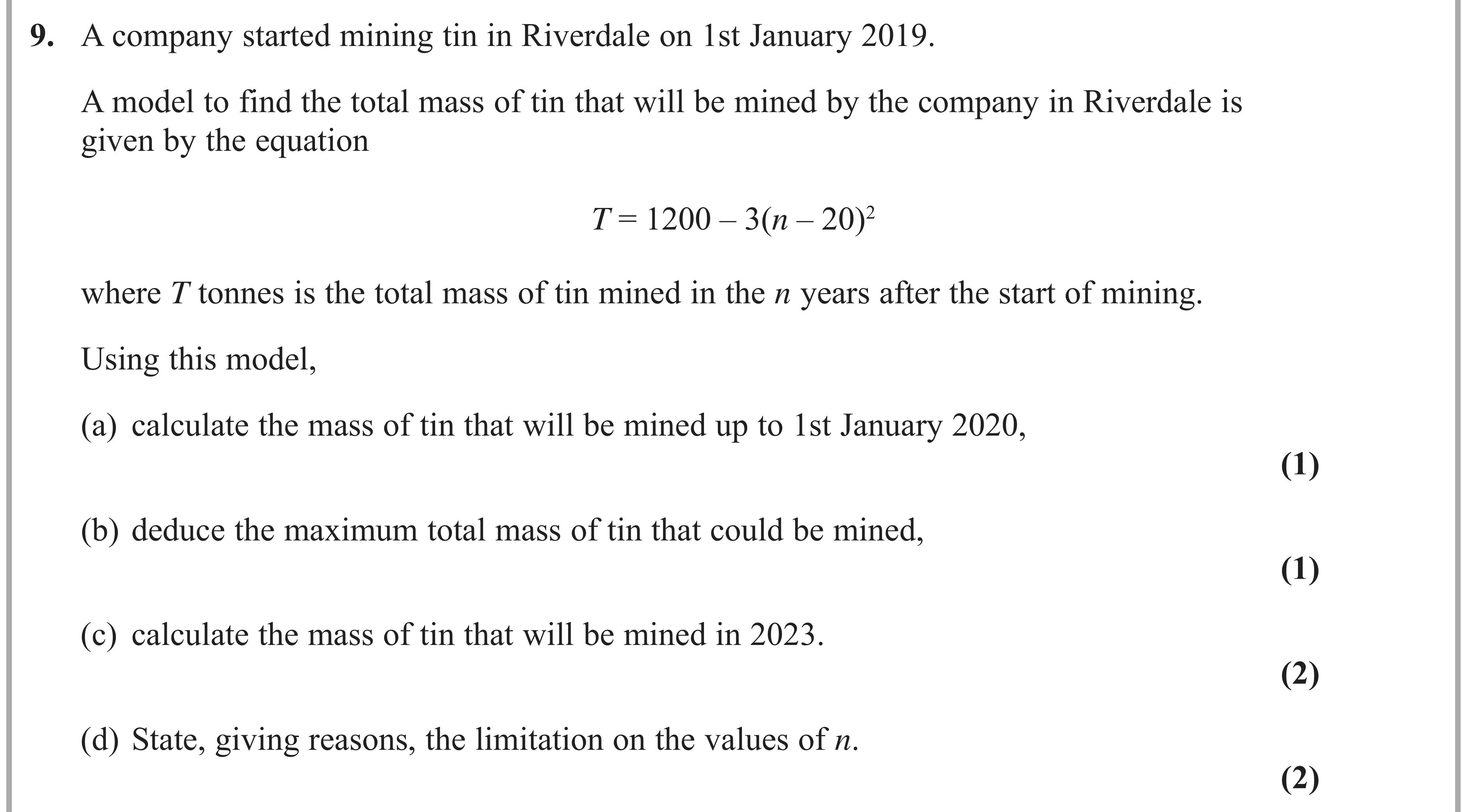 Question 9 — Quadratics — Edexcel AS Maths June 2019