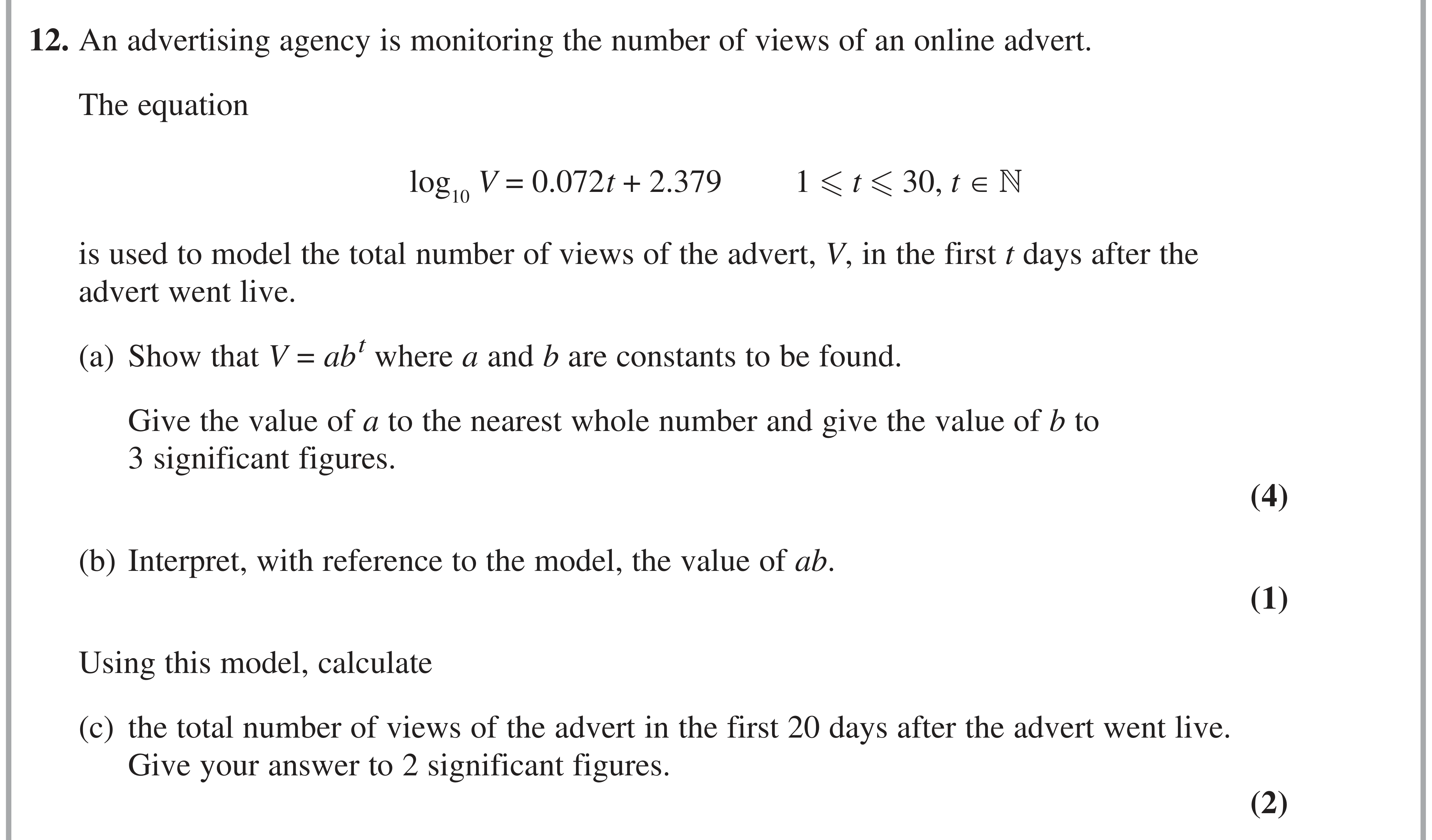 Question 12 — Logs and Straight Line Graphs — Edexcel AS Maths June 2020