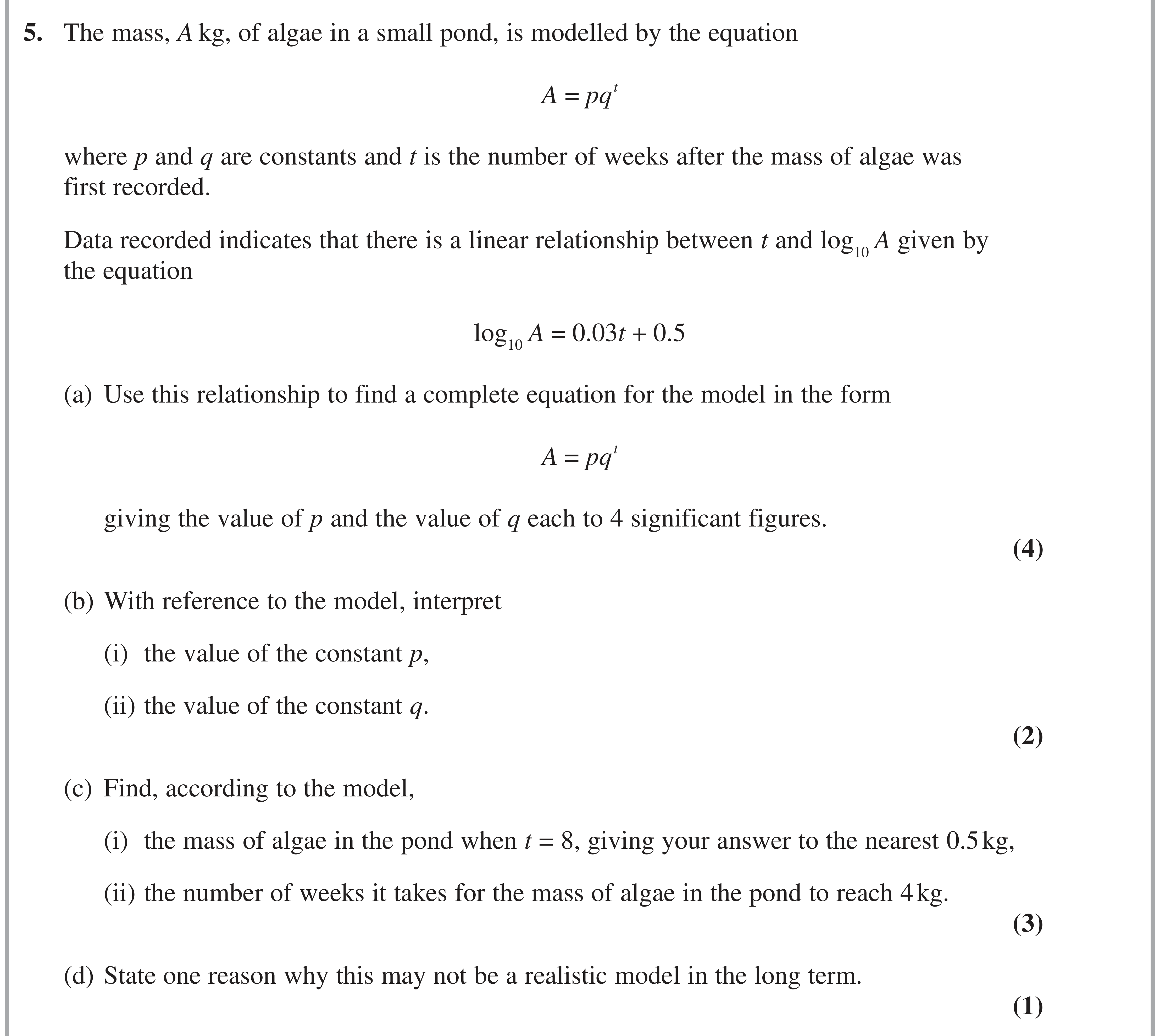 Question 5 — Logs and Straight Line Graphs, Exponentials — Edexcel AS Maths June 2022
