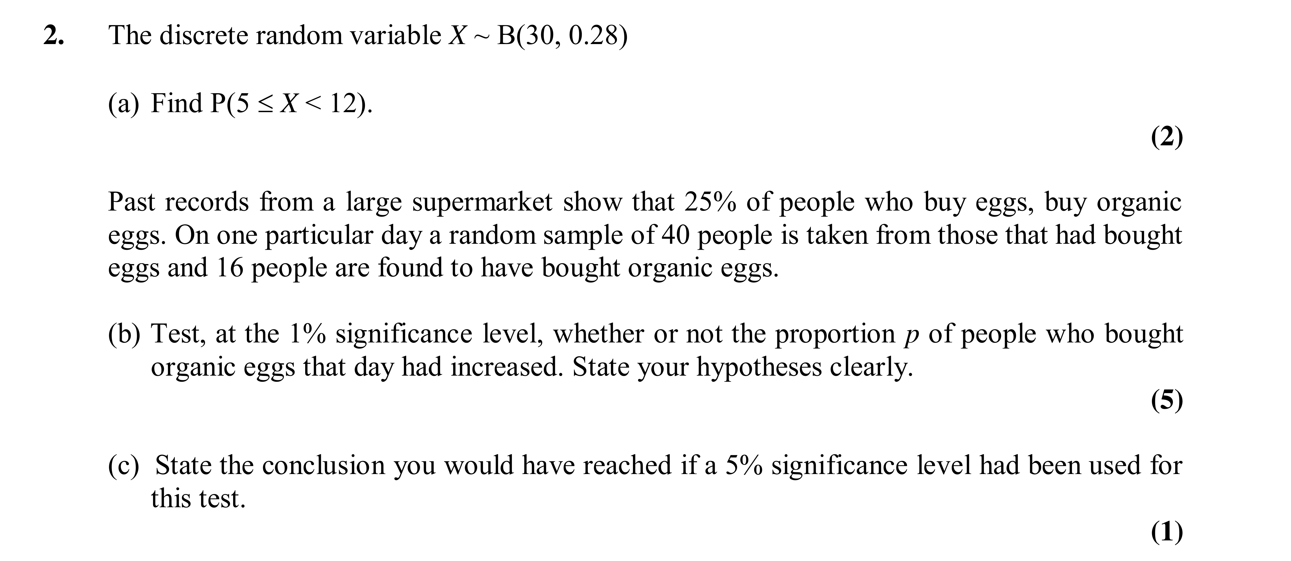 Question 2 — Binomial Distribution, Hypothesis Testing — Edexcel AS Maths Specimen 2015