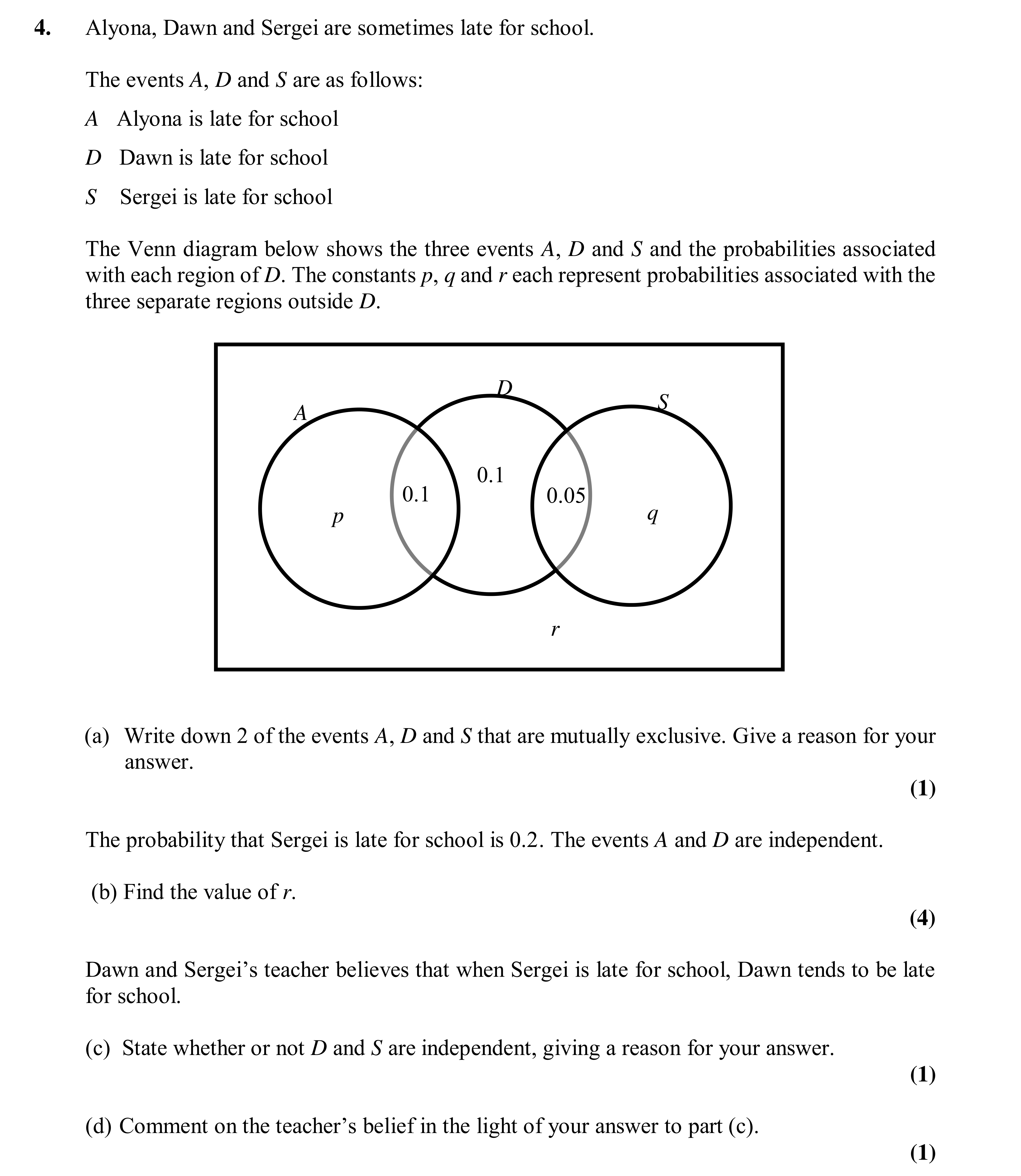 Question 4 — Venn Diagram, Probability — Edexcel AS Maths Specimen 2015