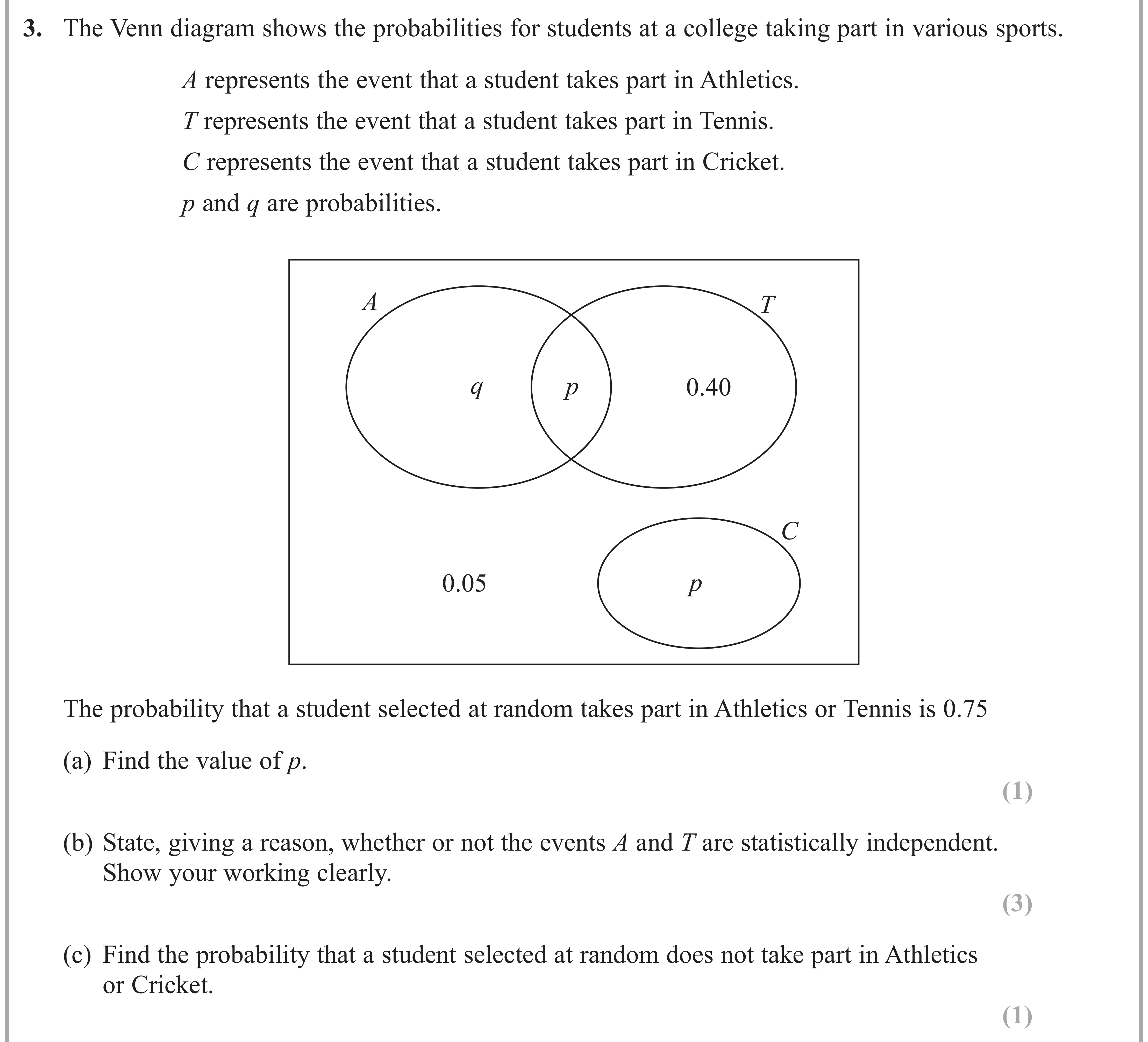 Question 3 — Venn Diagram, Probability — Edexcel AS Maths June 2017