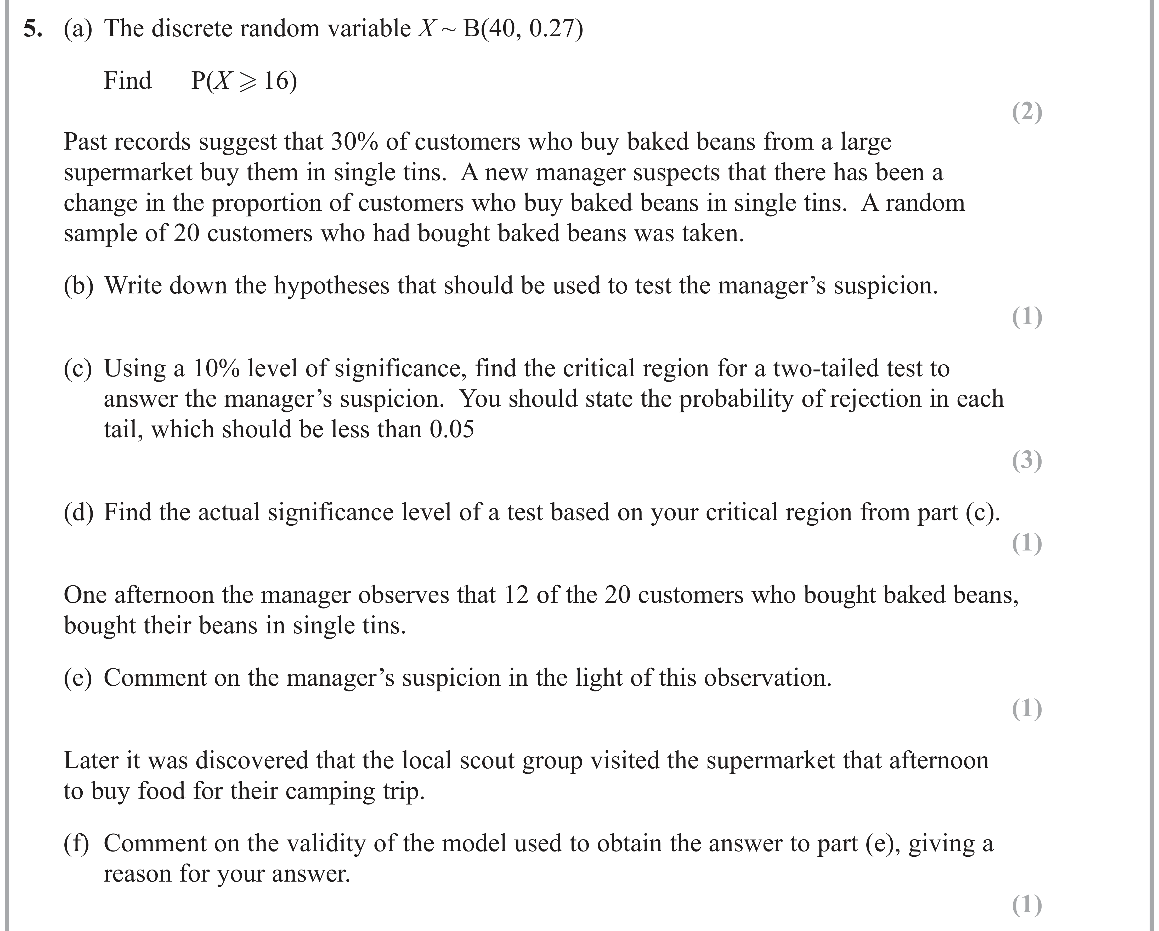 Question 5 — Binomial Distribution, Hypothesis Testing — Edexcel AS Maths June 2017