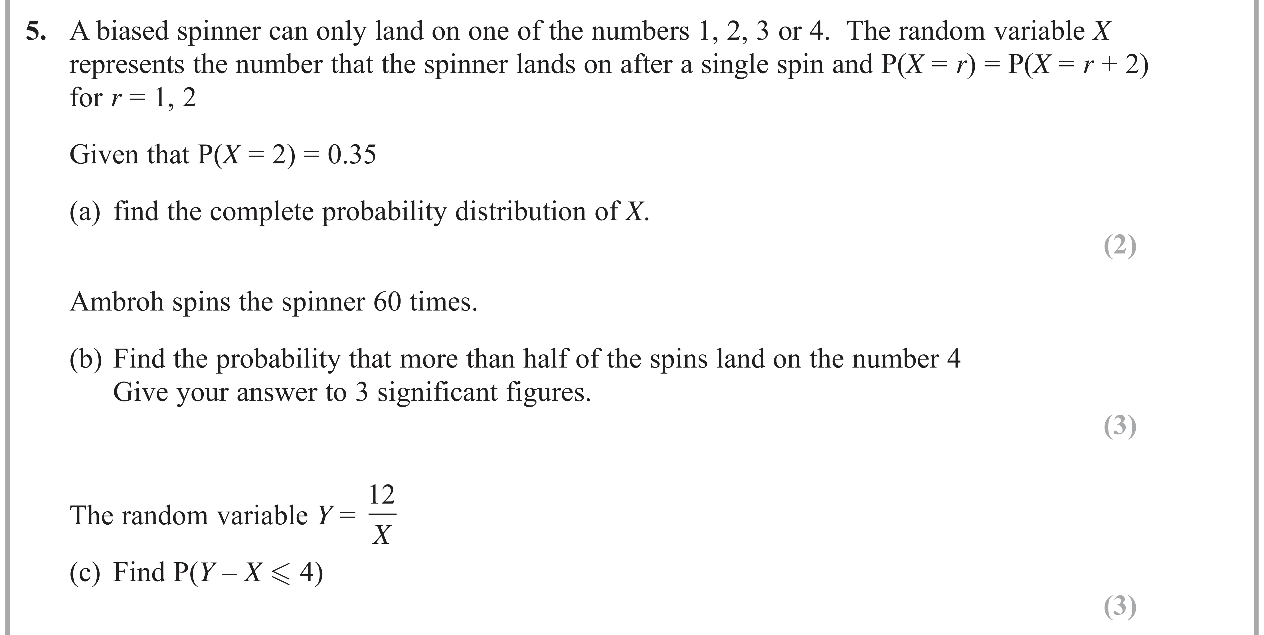 Question 5 — Probability Distribution, Binomial Distribution — Edexcel AS Maths June 2018