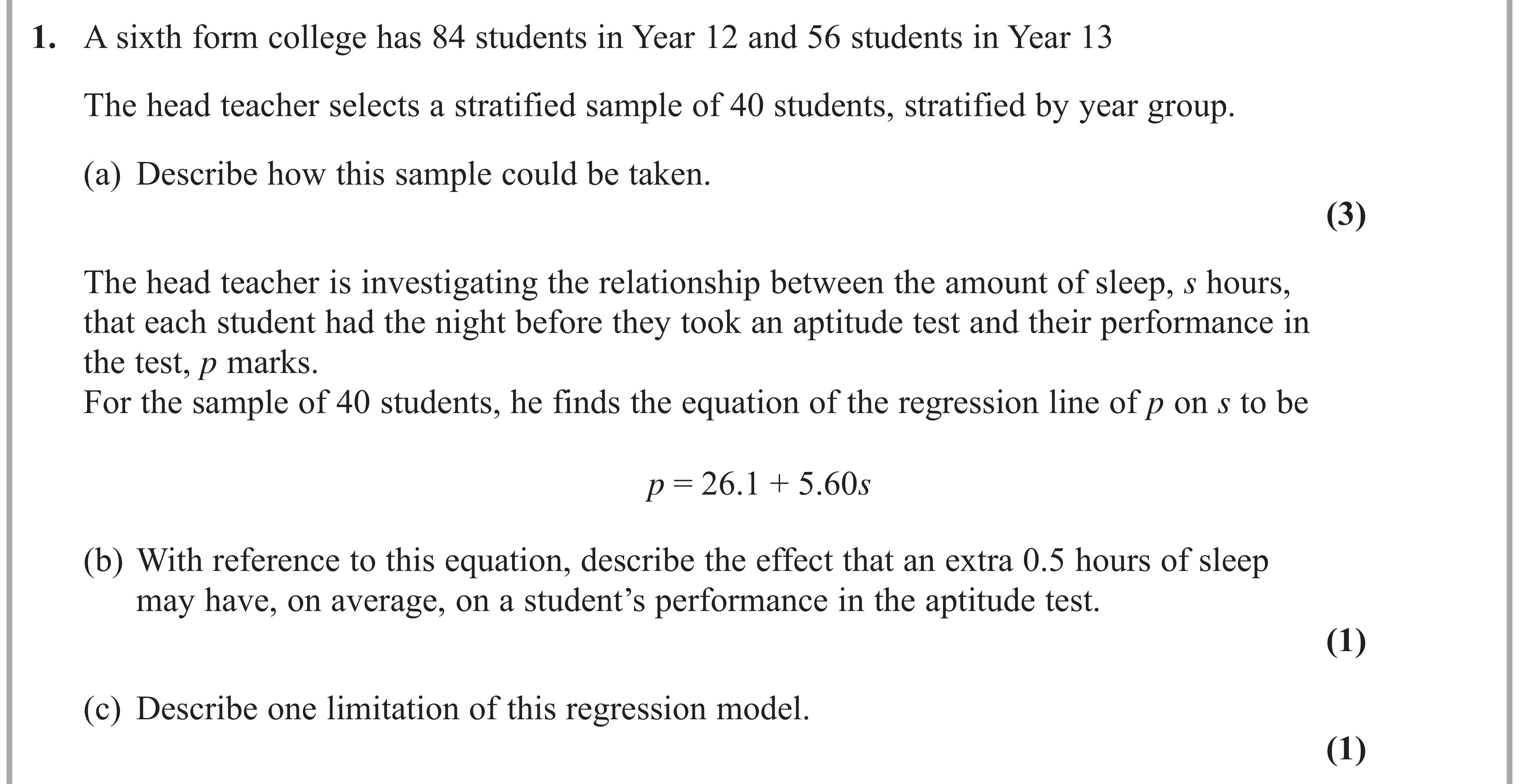 Question 1 — Sampling, Correlation — Edexcel AS Maths June 2019