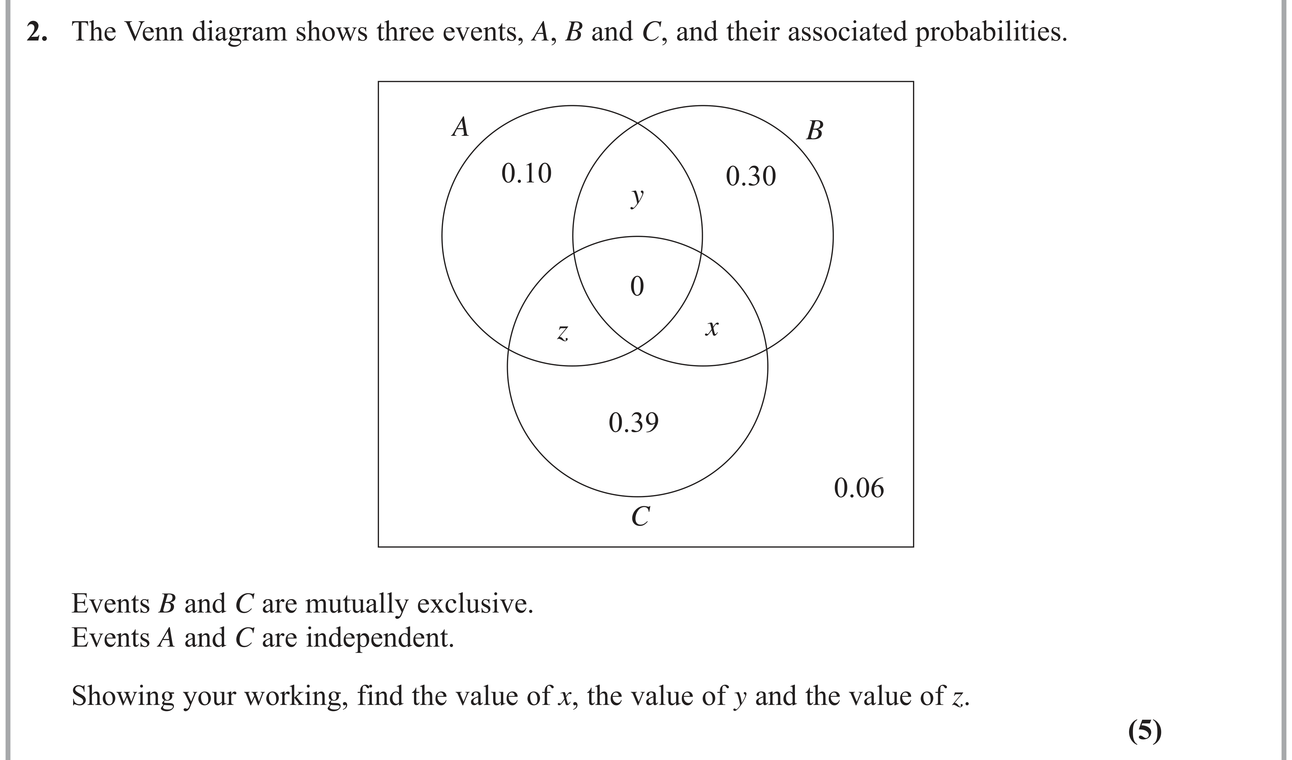 Question 2 — Venn Diagram, Probability — Edexcel AS Maths June 2019