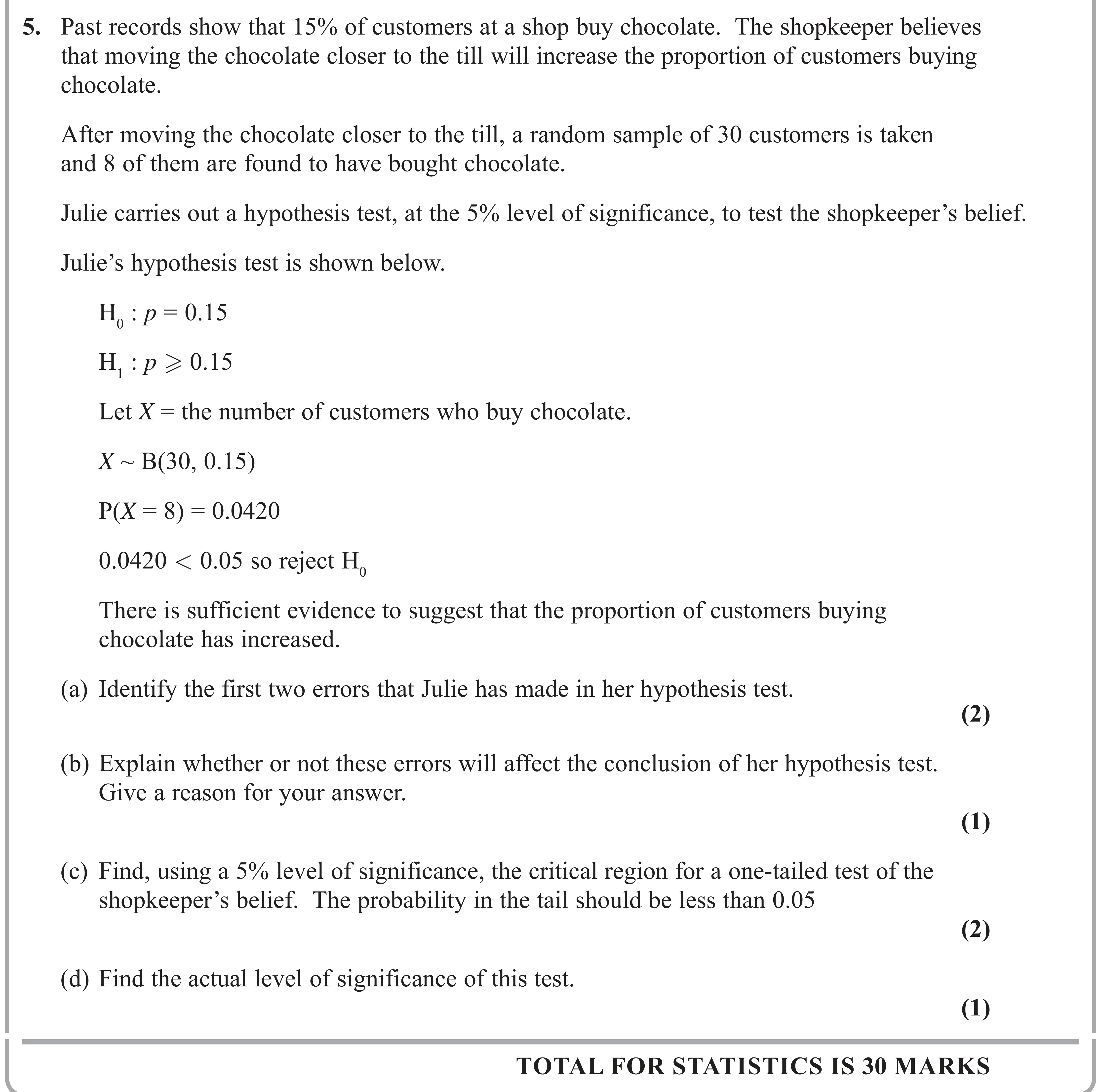 Question 5 — Hypothesis Testing, Binomial Distribution — Edexcel AS Maths June 2019