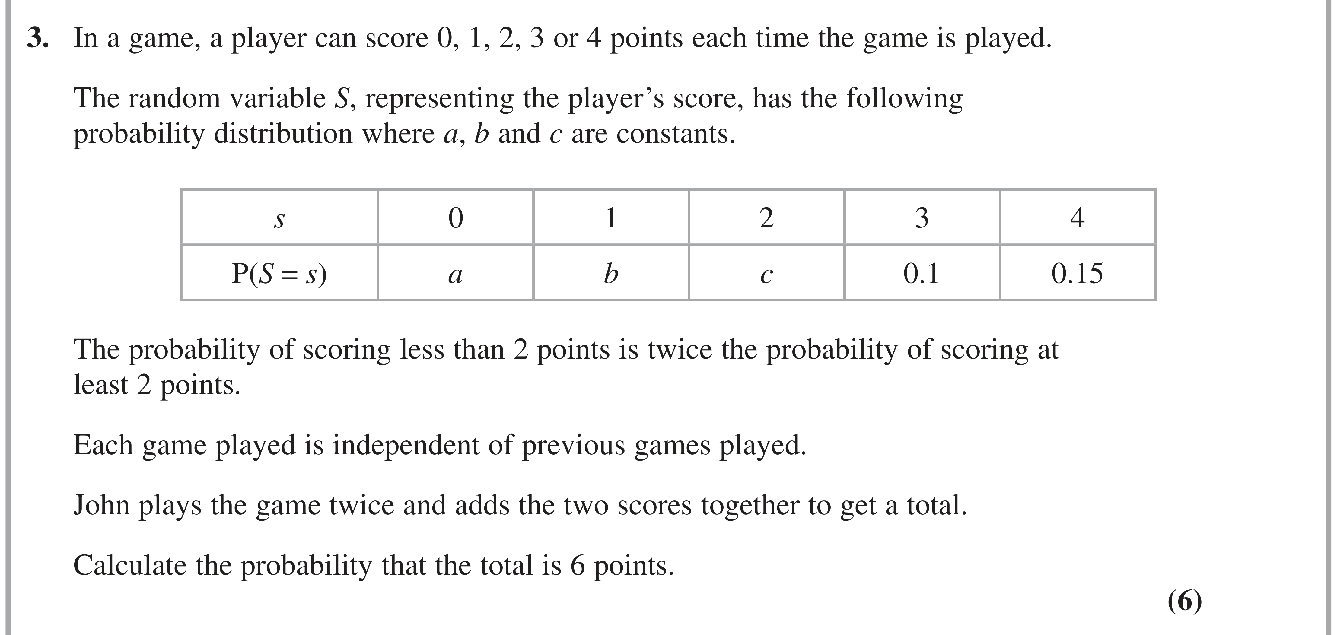 Question 3 — Probability Distribution — Edexcel AS Maths June 2020