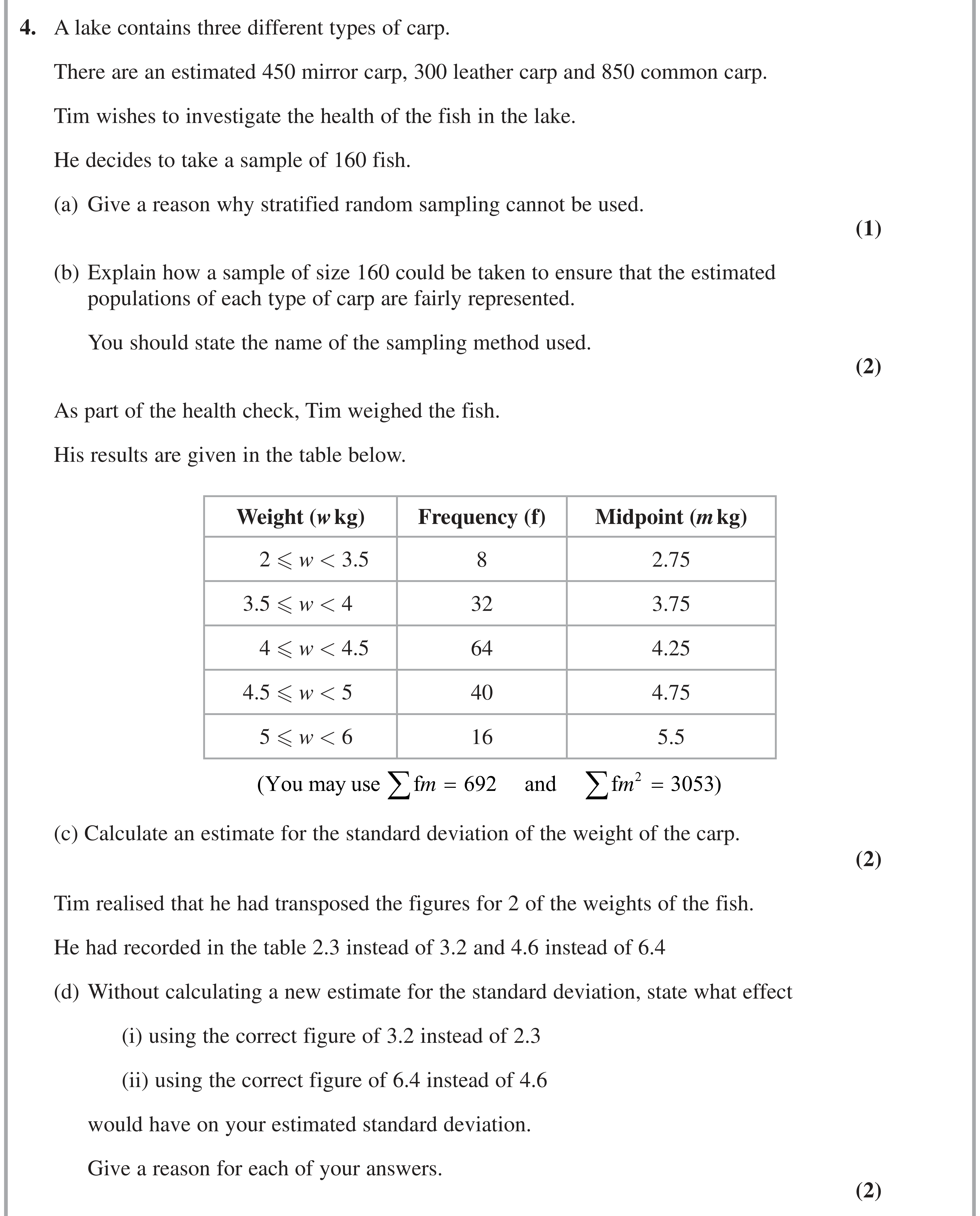Question 4 — Sampling, Mean, Variance and Standard Deviation — Edexcel AS Maths June 2020
