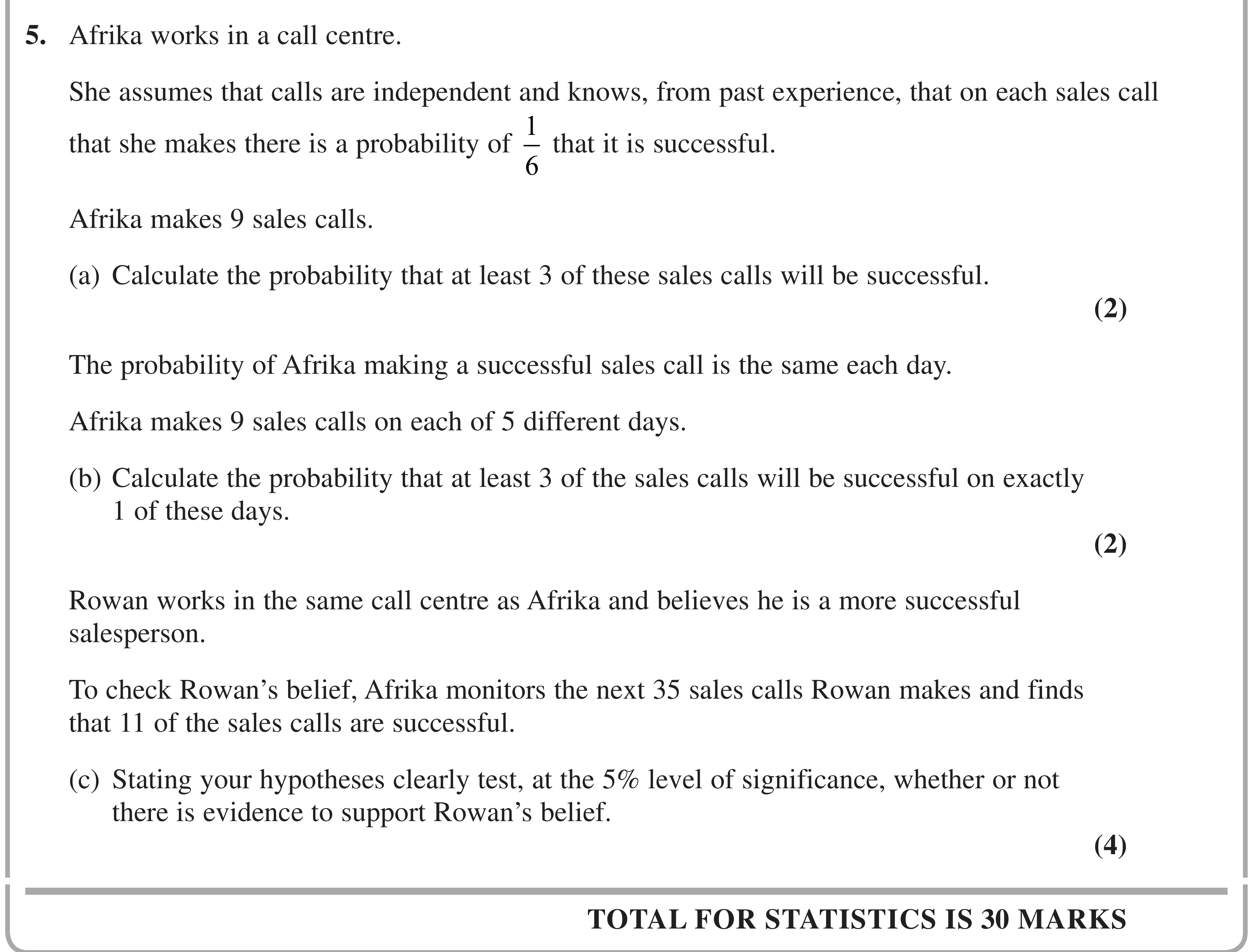 Question 5 — Binomial Distribution, Hypothesis Testing — Edexcel AS Maths June 2020