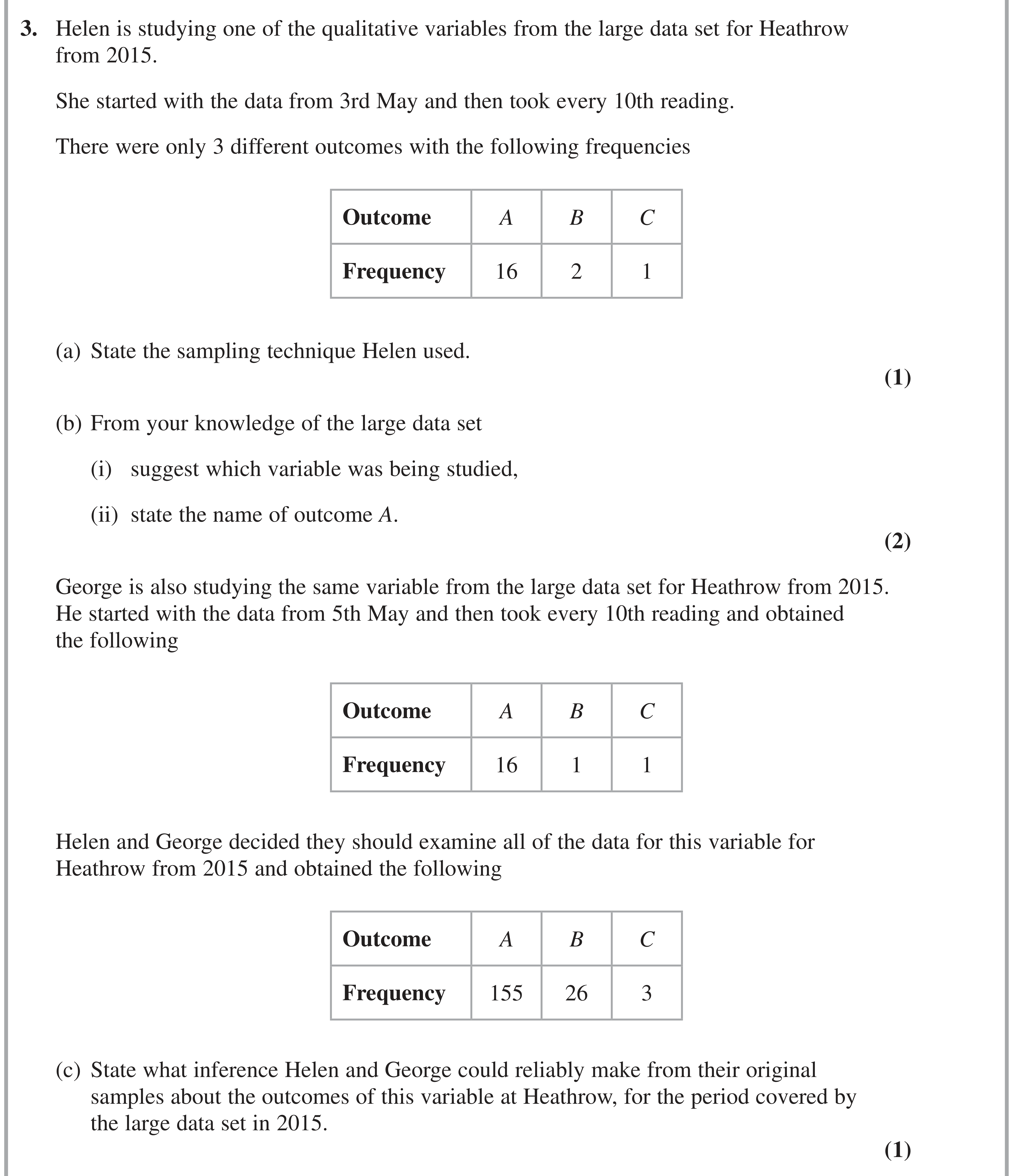 Question 3 — Sampling, Large Data Set — Edexcel AS Maths November 2021