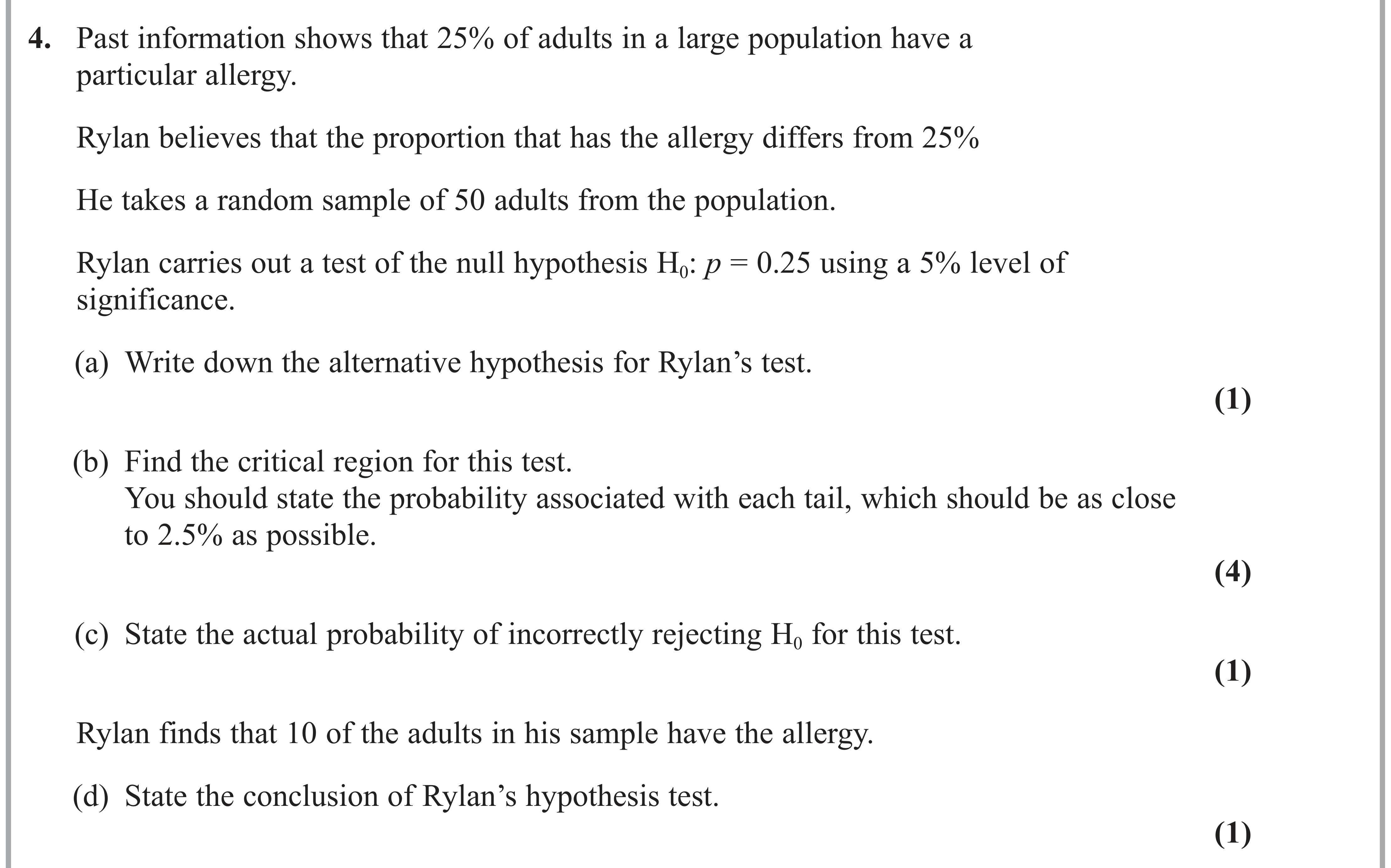 Question 4 — Hypothesis Testing, Binomial Distribution — Edexcel AS Maths June 2023
