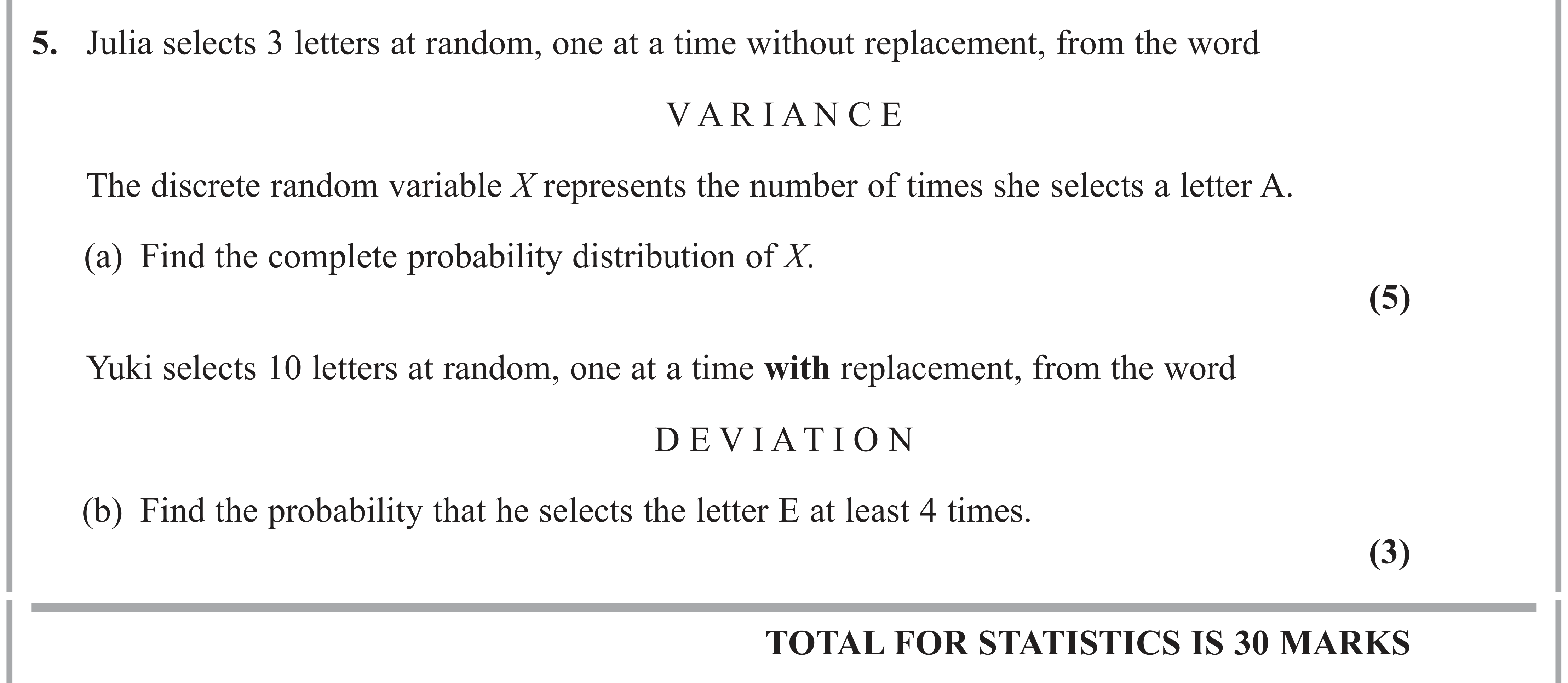 Question 5 — Probability Distribution, Binomial Distribution — Edexcel AS Maths June 2023