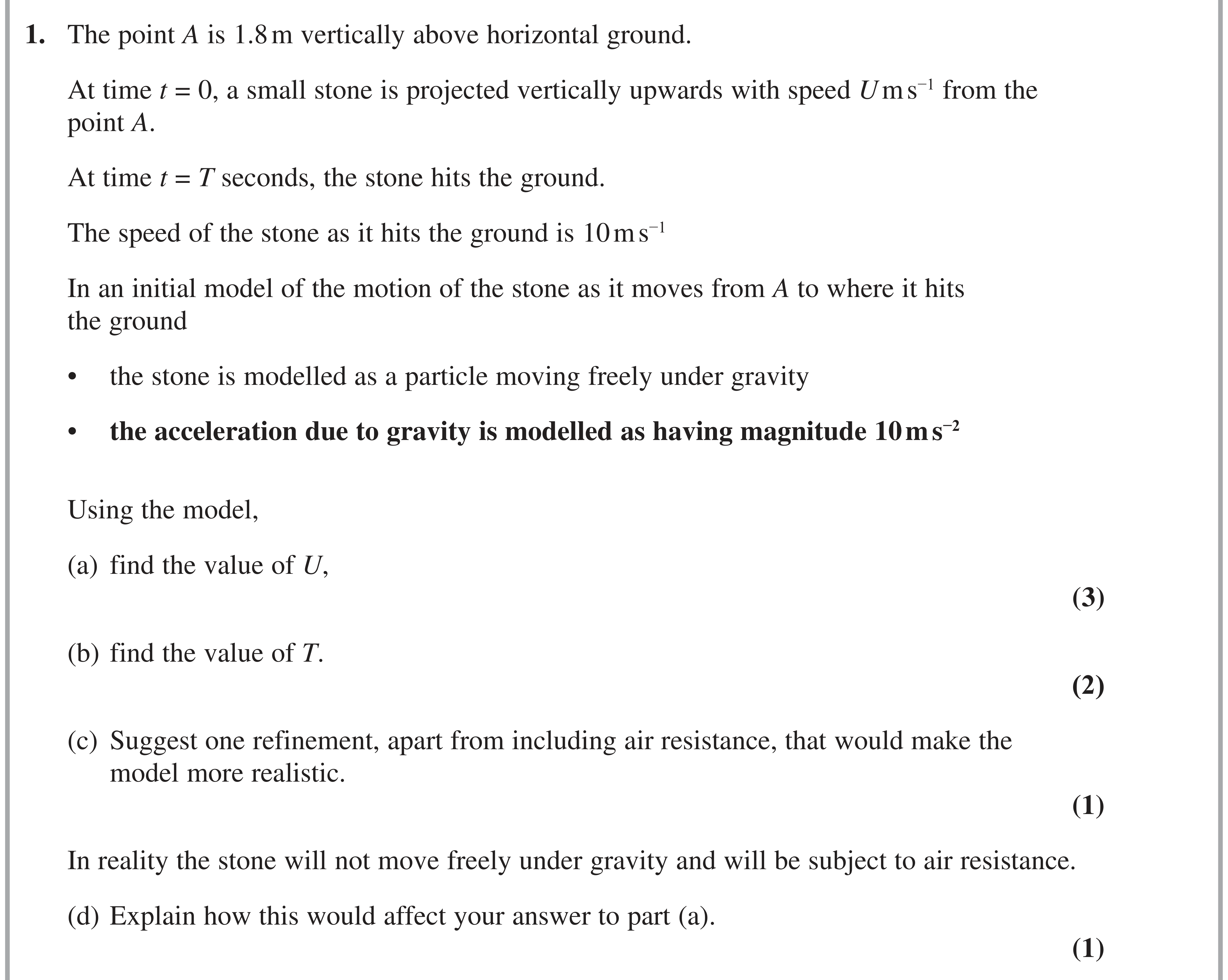 Question 1 — Vertical Motion under Gravity — Edexcel AS Maths June 2022